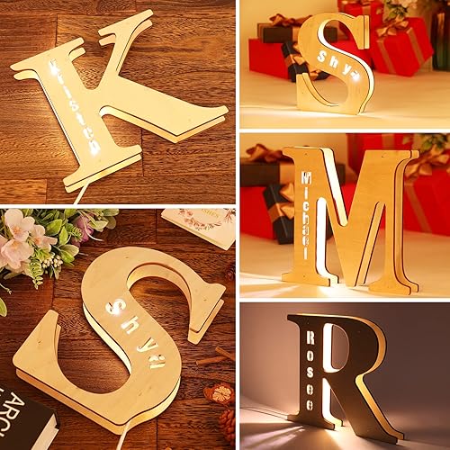 Miniatura 3 de Decoración personalizada con luces LED nocturnas para marquesina lámpara LED hueca con nombre grabado de madera para él o ella para dormitorio