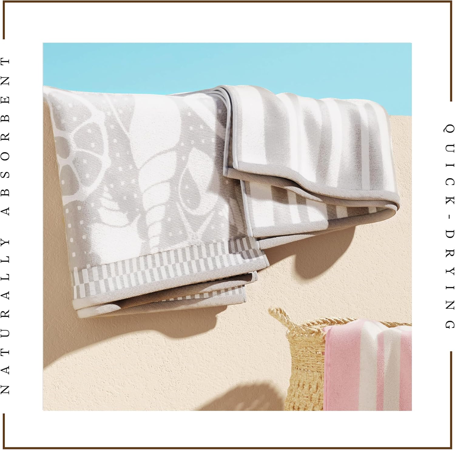 Great Bay Home 100% Cotton Beach Towels | 2 Pack of 30 x 60" Navy Pool Towels for Adults and Kids | Absorbent & Quick Dry Towels (Grey/White Seashells/Stripe)