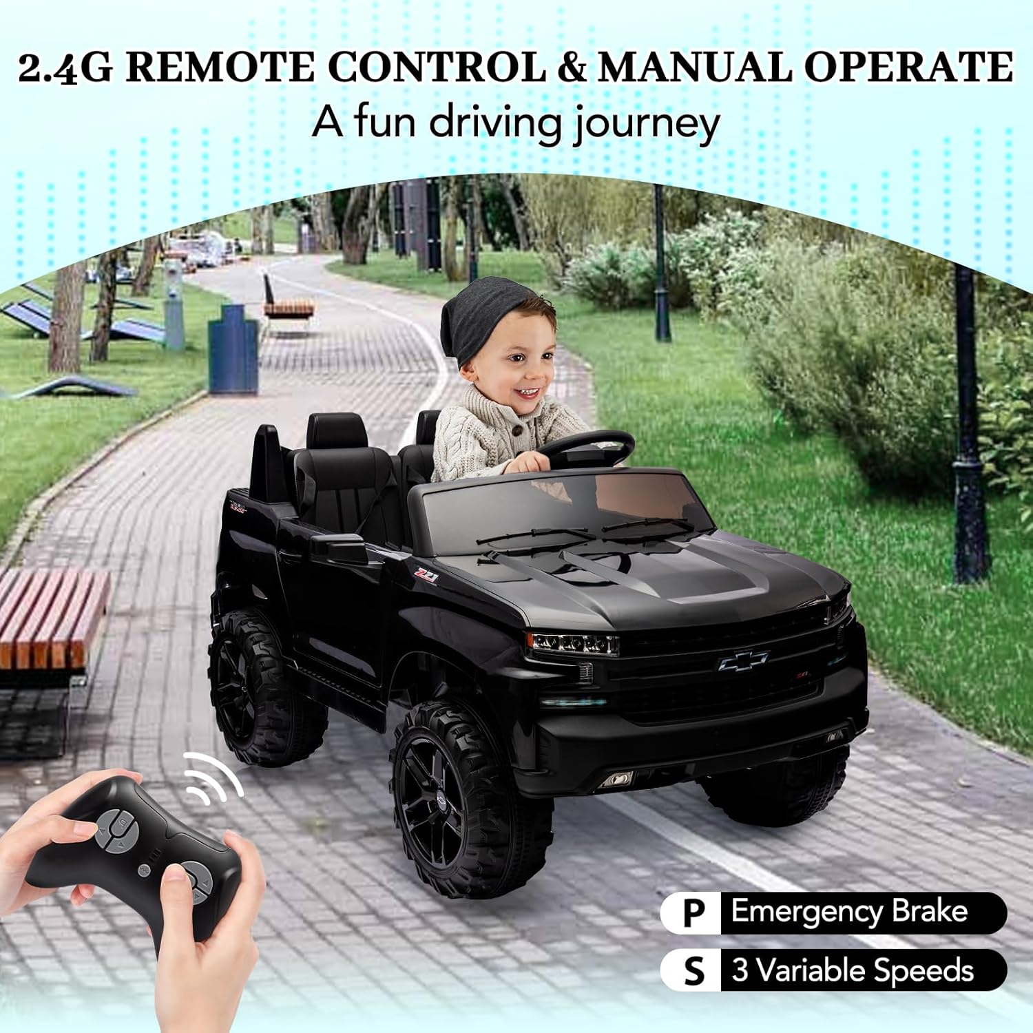 GarveeLife 24V 2-Seater Truck Licensed Chevrolet Silverado Ride On Car Kids Toy, Electric Vehicle Car for Toddlers with Parent Remote Control, Black