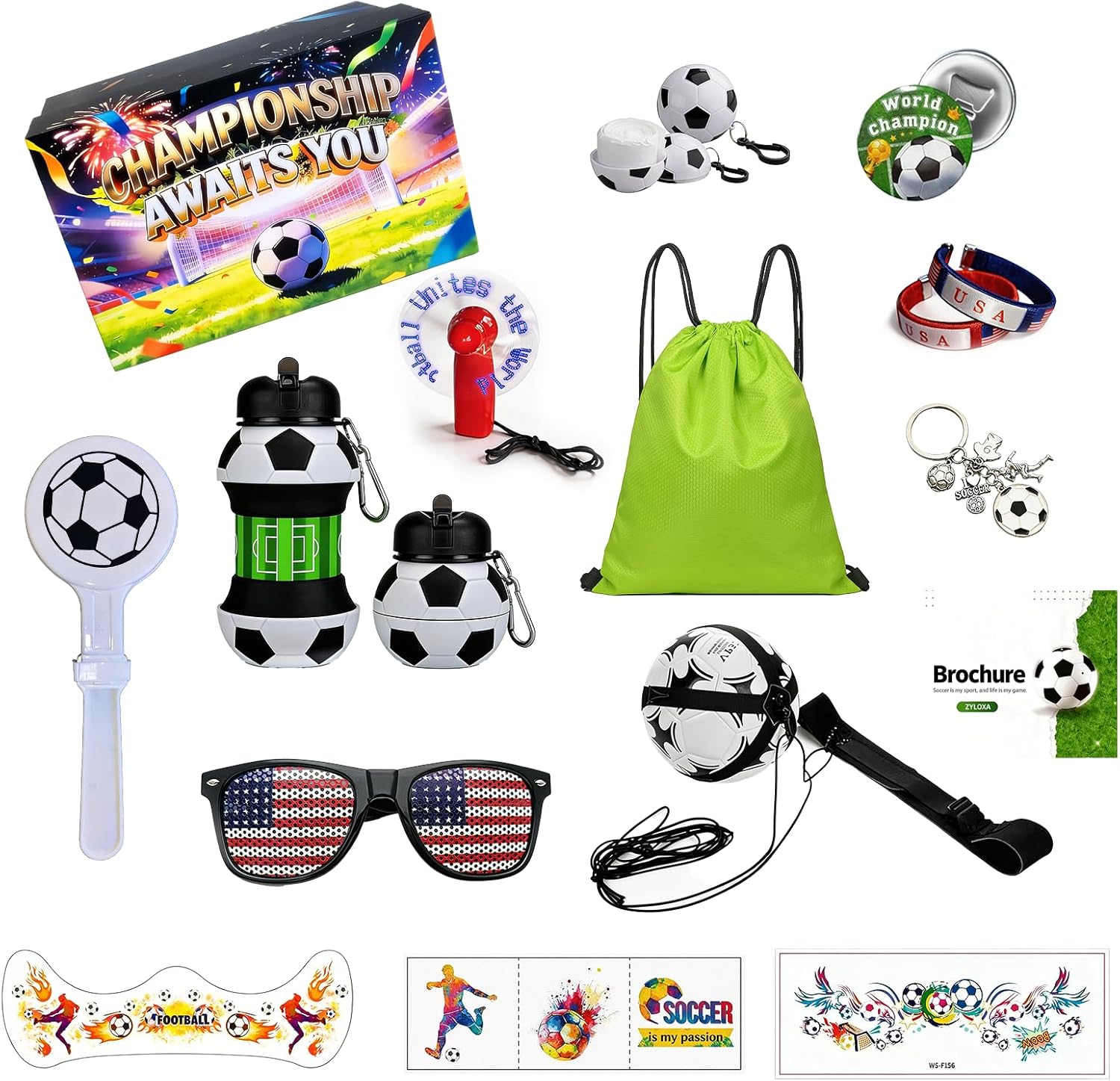 Soccer Fan Gift Bundle:Soccer Training Belt, Collapsible Water Bottle, Handheld Fan, Drawstring Backpack & More. Championship Theme for Tailgate Parties and Soccer Lover Gift.