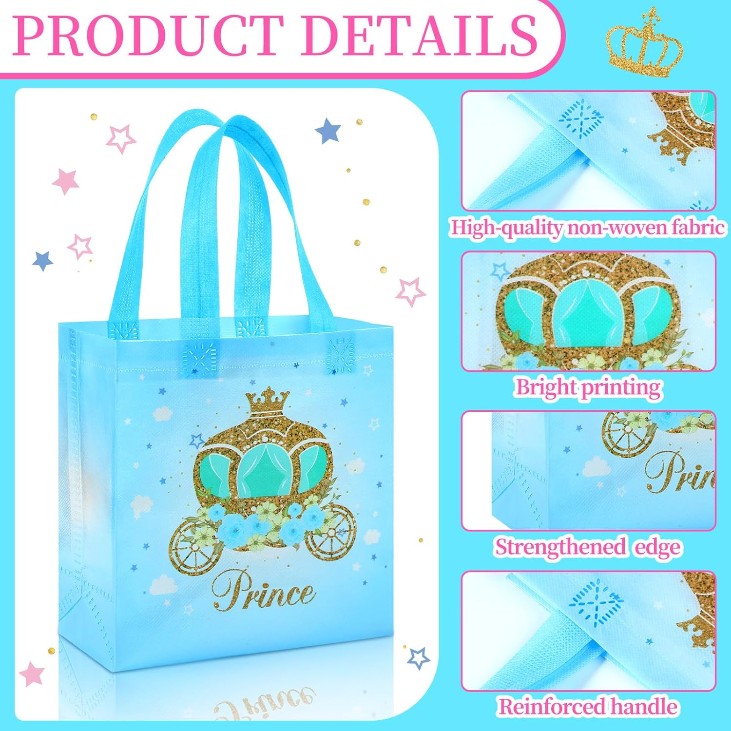 Sweetude 40 Pcs Prince and Princess Party Favor Bags with Handles Prince Princess Goodie Gift Candy Birthday Candy Goodie Bags for Gender Reveal Party Baby Shower Wedding Supplies - Image 6