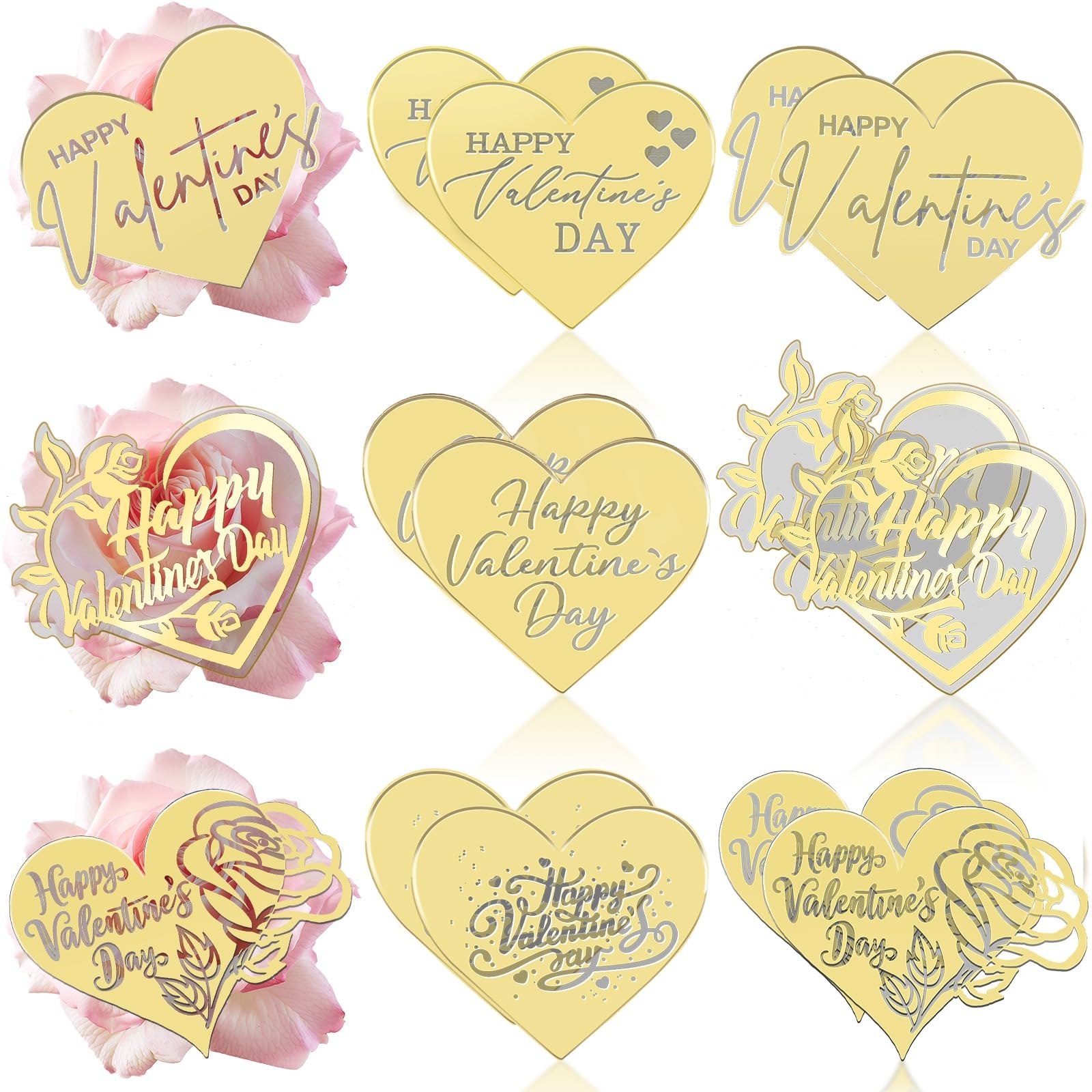 JULBEAR 30 Pcs Love Heart Cupcake Toppers, Happy Valentine's Day Cake Topper Acrylic Decorations for Valentine's Day Wedding Engagement Anniversary Birthday Party Supplies