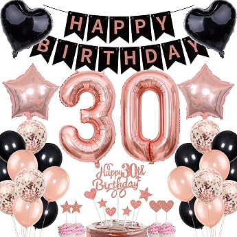 30th Birthday Decoration Set in Rose Gold Black with Banner Gift and Balloons for Women and Men
