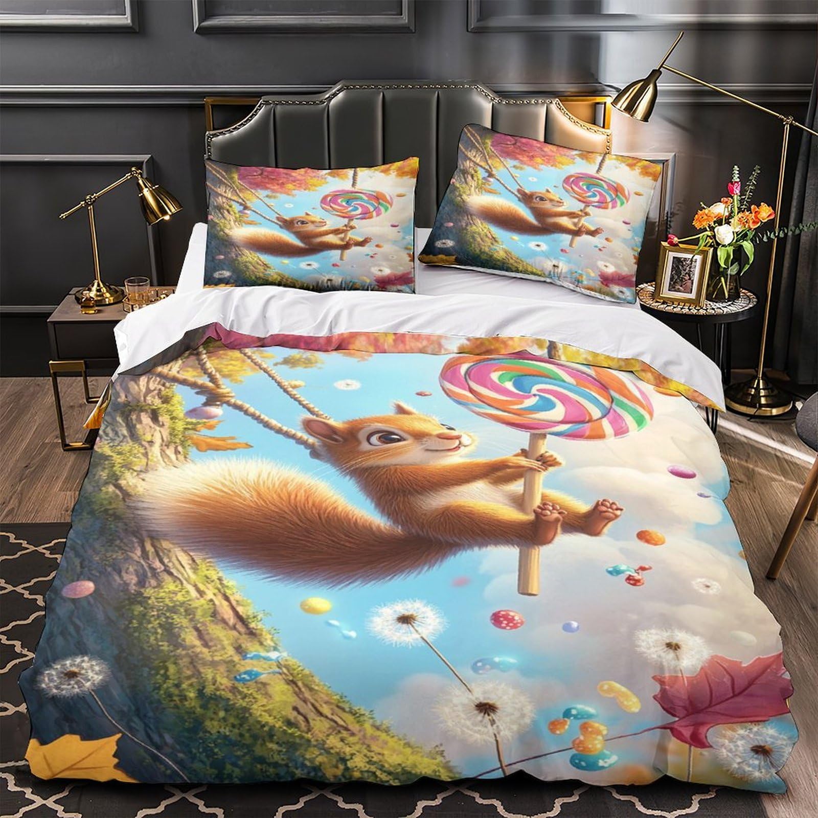 Housse de couette écureuil 3D en microfibre douce pour lit simple 140x200