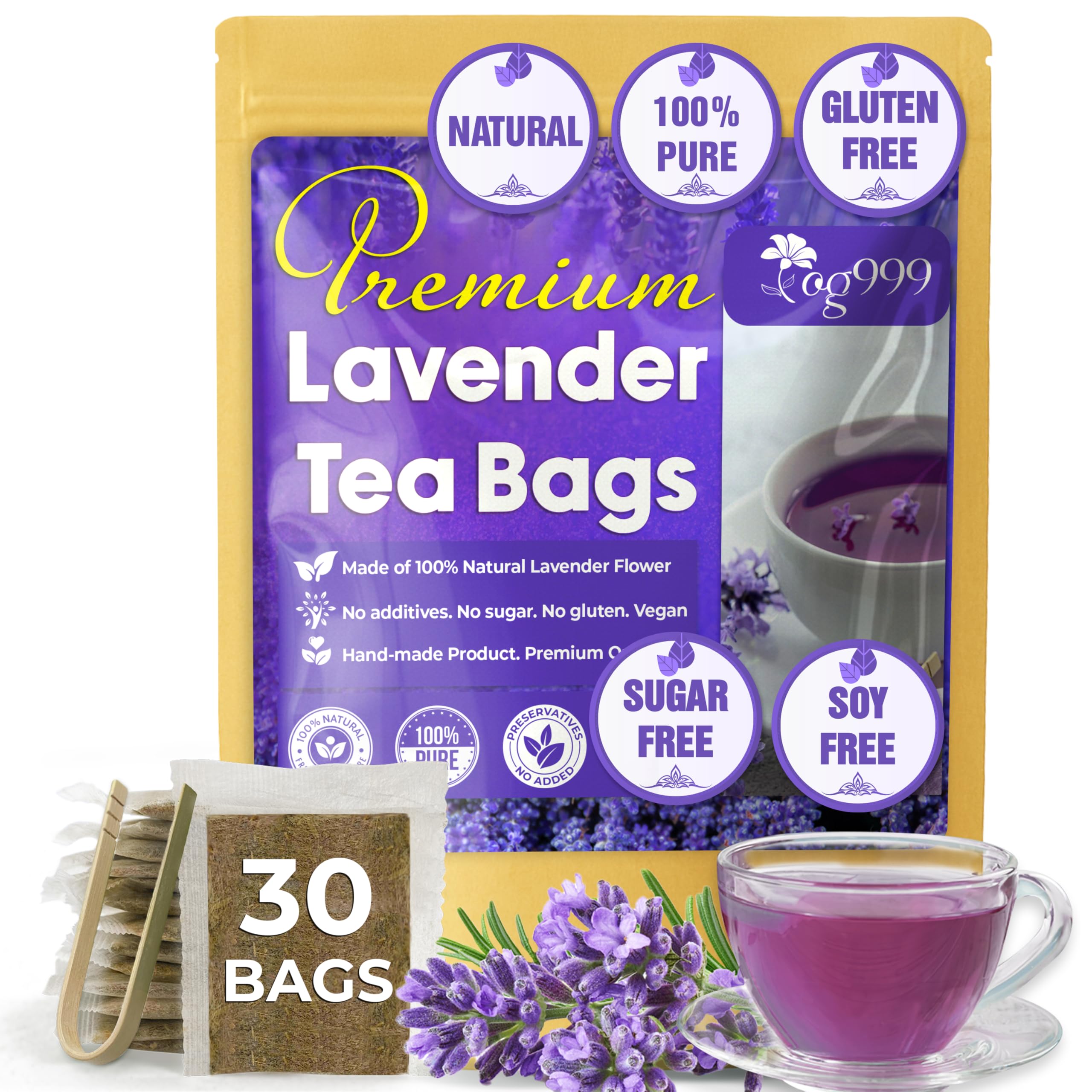 TOG999, Premium 30 Lavender Flower Tea Bags, 100% Natural & Pure. Loose Flower Lavender Herbal Tea. No Sugar, No Caffeine, No Gluten, Vegan.