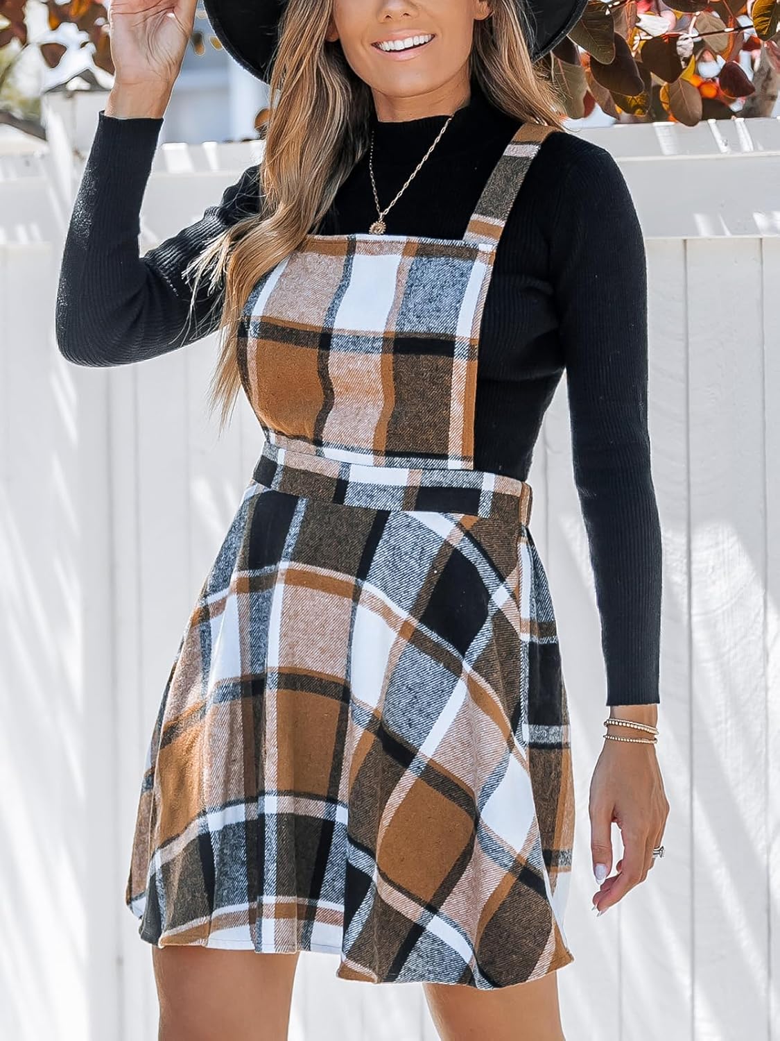 CUPSHE Women's Overall Dress Square Neck Plaid Sleeveless Casual Short A Line Cute Fall Mini Pinafore Dresses - Image 2