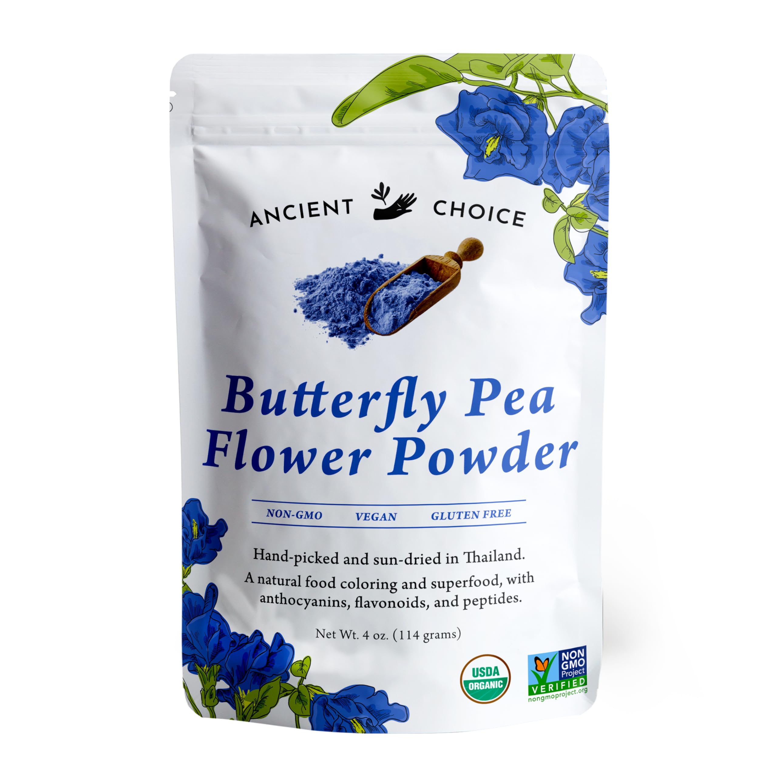 Ancient Choice - Butterfly Pea Flower Powder (4 ounce) | Blue Matcha Tea | Ceremonial (Highest) Grade | Adaptogenic Raw Culinary | Natural Food Coloring | Thai Non-GMO | Vegan