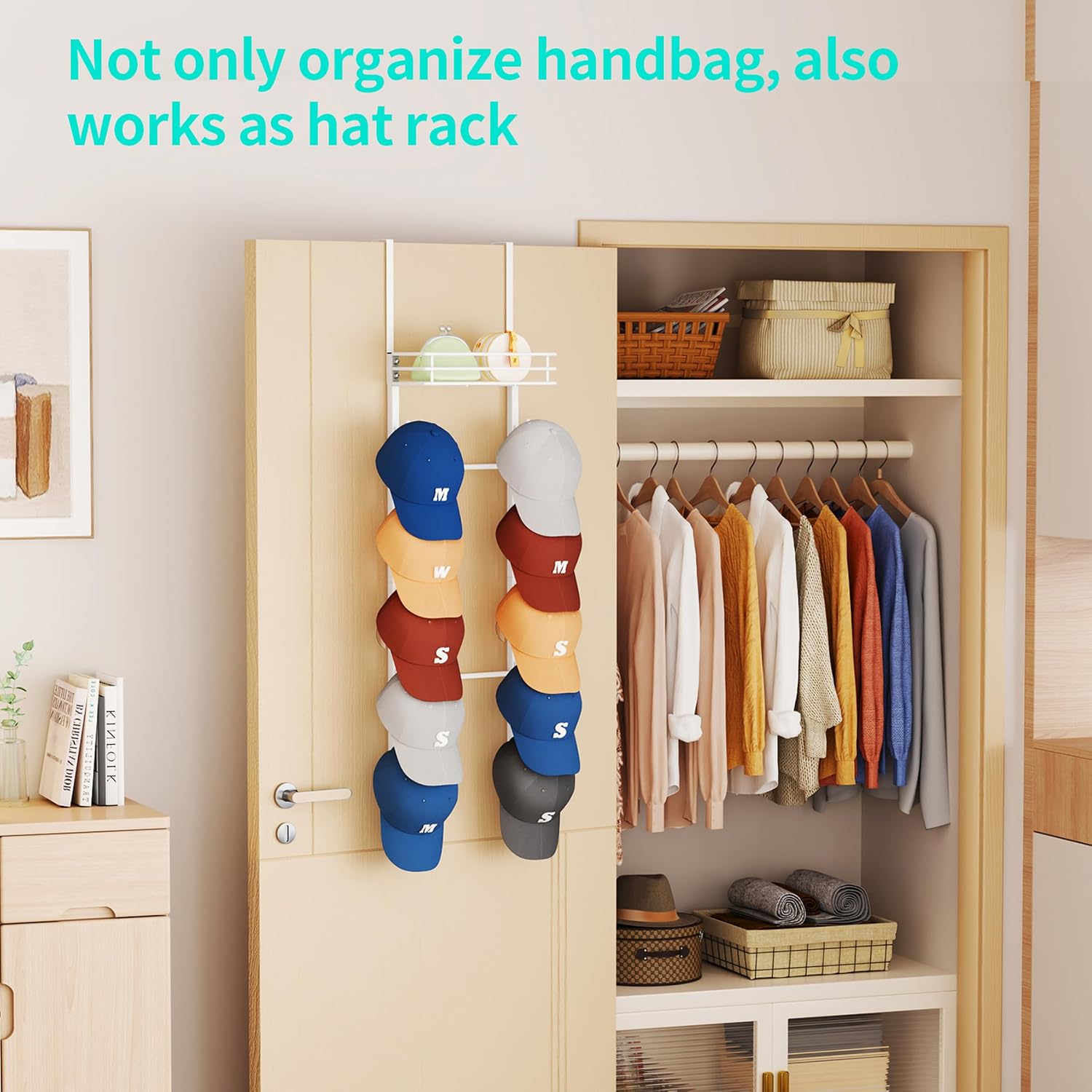 HapiRm Over the Door Purse Organizer - Wall Mounted Purse Rack with 10 Hooks and Metal Basket, Hanging Handbag Organizer Holds up to 10 Bags, Bag Rack Can Use As 1/2 Part, for Door, Closet (White)