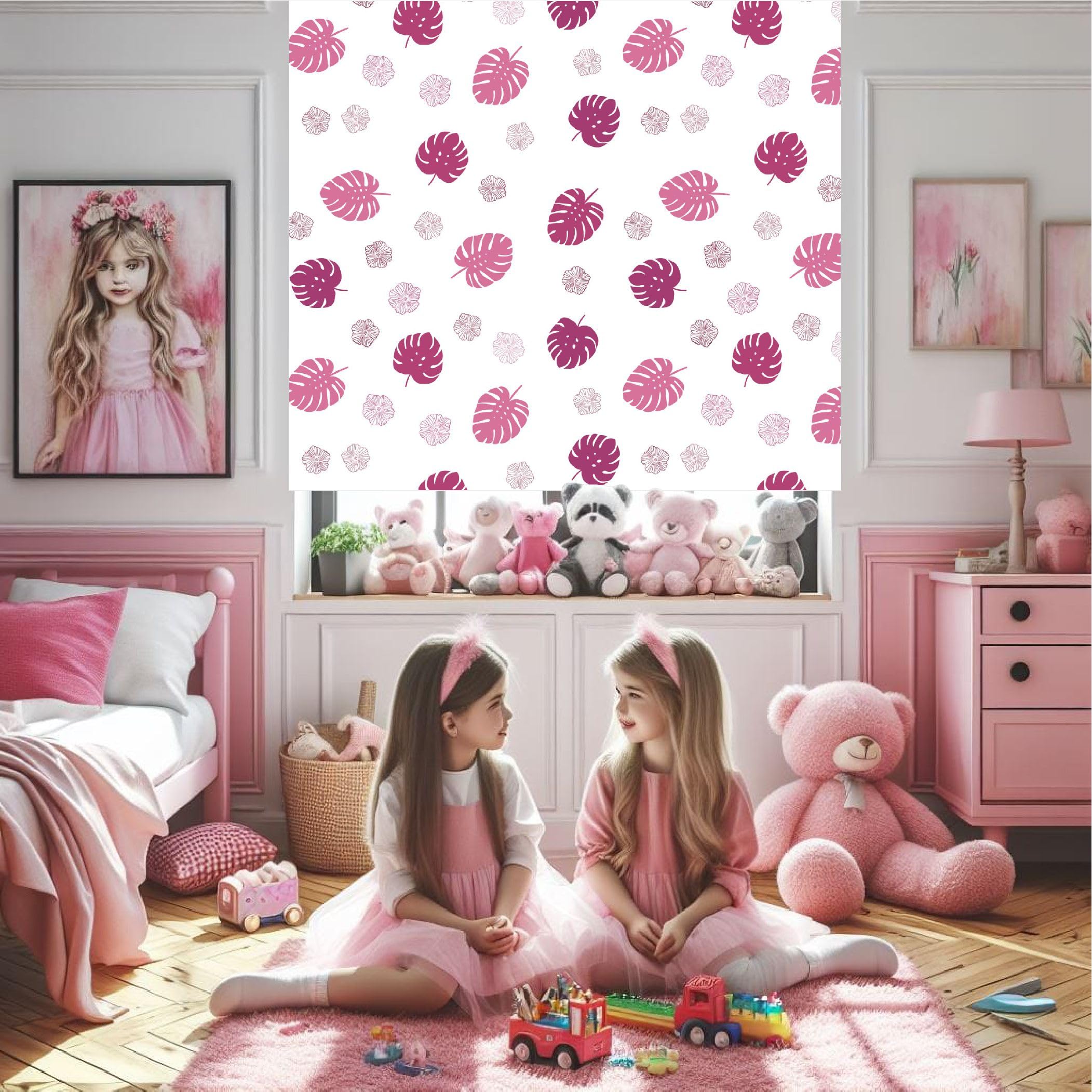Estor enrollable estampado hojas 306 chica, estor habitación juvenil chica, estor enrollable habitación juvenil o Infantil chicas. Estores infantiles Niña Rosa. (40x60)