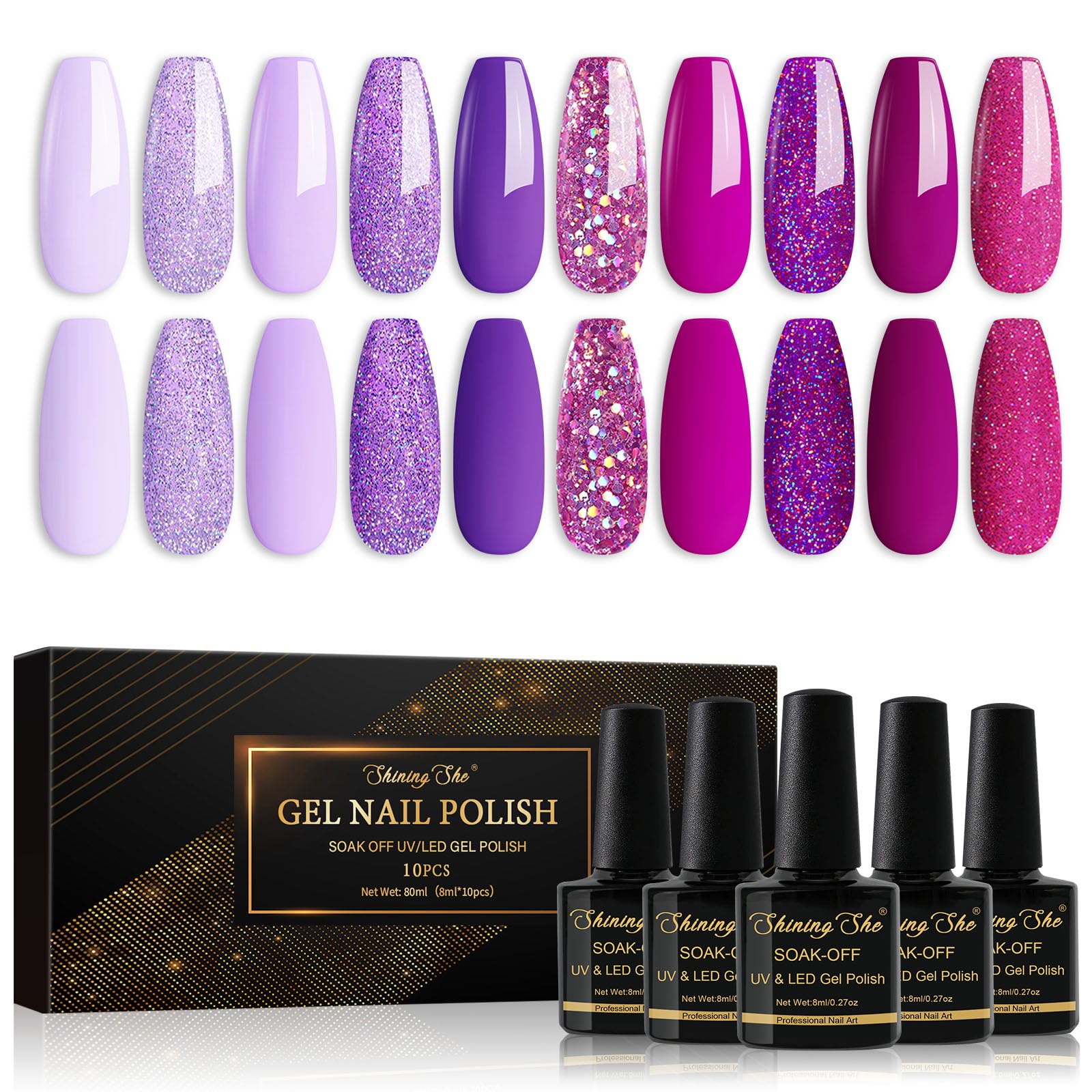 Gel Nail Polish Set, 10 Colors Purple Rose White Shimmer Glitter Gel Polish Kit Soak-Off UV/LED Nail Polish Gel for Nail Art Salon DIY Home, 8ML