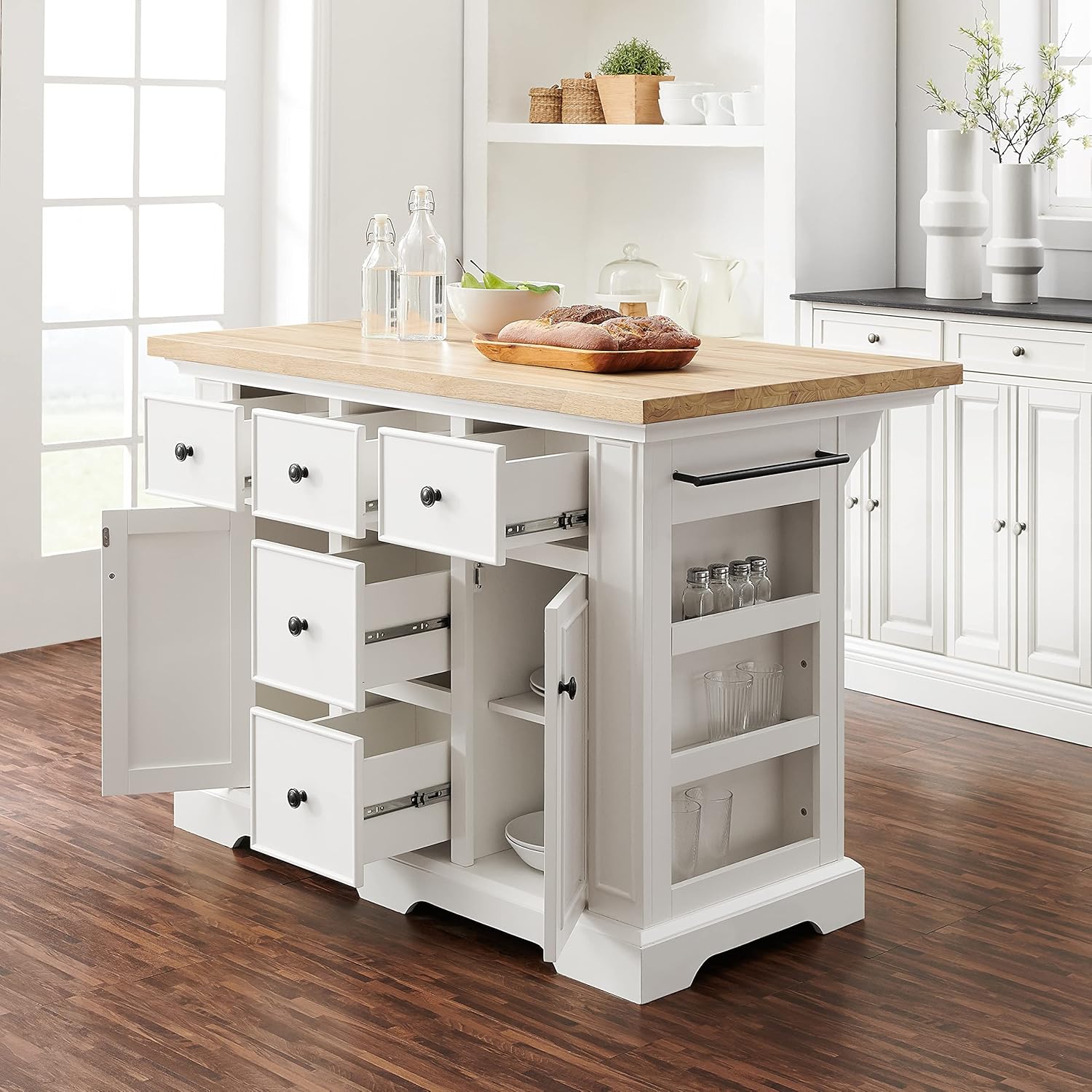 Crosley Furniture Julia Wood Top Kitchen Island with Storage Drawers, Shelves, and Spice Rack, White