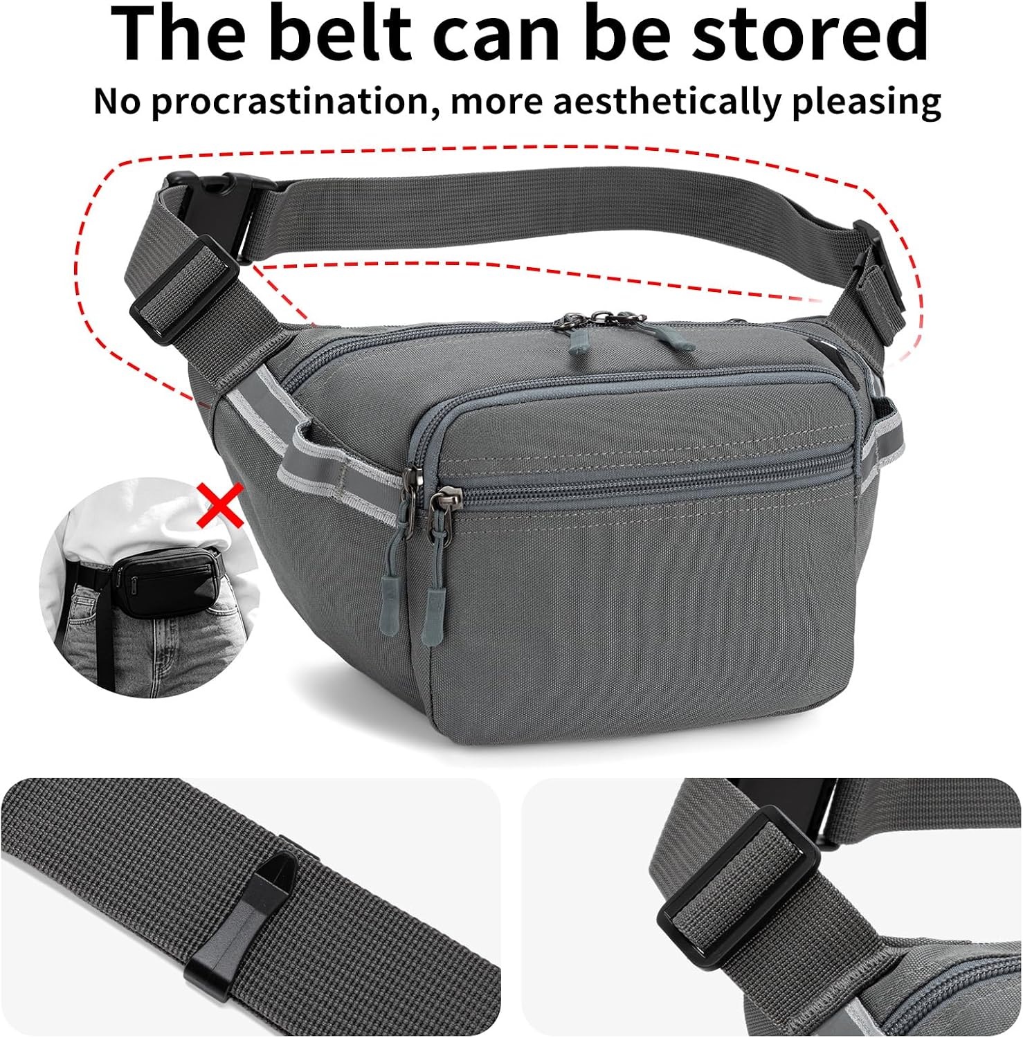 RFID Water Resistant Fanny Pack with Reflective Strip for Men Women, Gray | RFID blocking, water-resistant fabric, reflective strips, 3 large compartments, fits 20-60" waist, ideal for travel & outdoor
