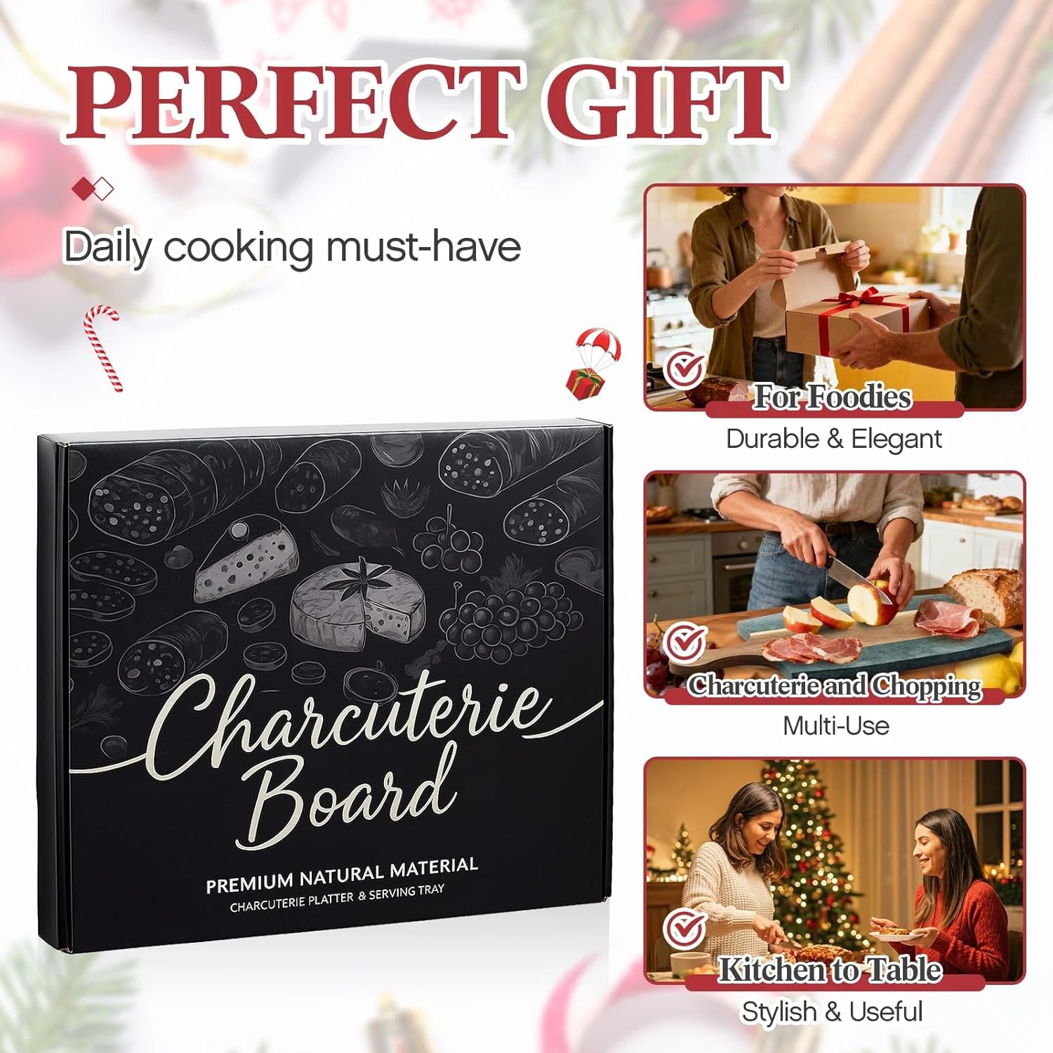 Green Marble Cutting Board Marble and Wood Charcuterie Board Gift Set House Warming Gifts New Home with Cheese Knives Acacia Cheese Platter with Handle for Valentine's Day Wedding Party Gift(Round) - Image 6