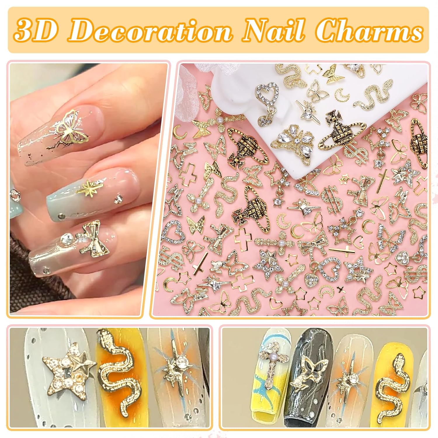 320 Pcs 3D Gold Nail Charms, Cross Snake Star Heart Dangle Nail Gems Charms, Bow Planet Dollar Butterfy Nail Gems for Alloy Nails, Rivet Nail Charms Rhinestones for Nails Art DIY Design