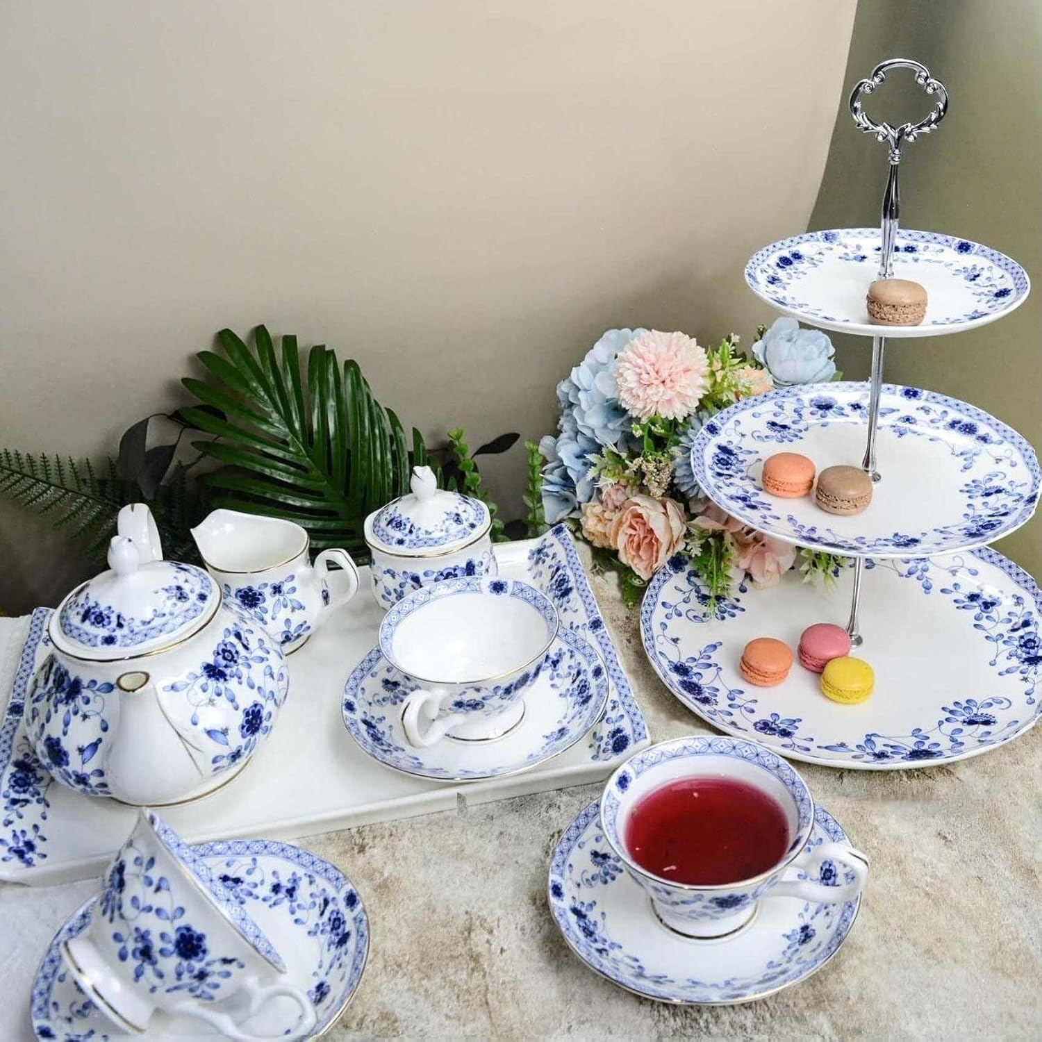 Bone China Tea Set for Adults, 13-Piece Blue and White Porcelain Tea Set for 4, Vintage Floral Tea Set With Teapot and Teaspoons, Tea Party Sets for Women Gift (Blue A)