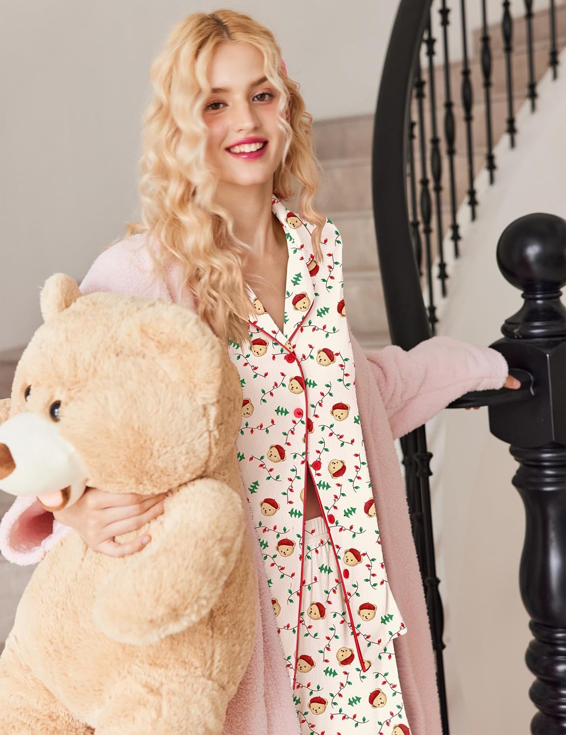 Ekouaer Button Up Pajamas Set for Women Short Sleeve Ribbed Knit Sleepwear 2 Piece Pjs Shorts Set - Image 5