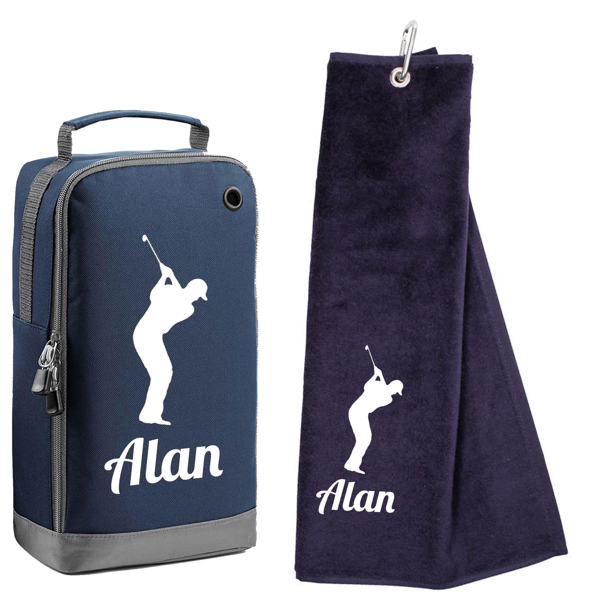 Always Looking Good Personalised Tri Fold Golf Towel with Name & Golf Shoe Bag Gift Set Luxury Velour 50cm x 40cm Custom Towel & Shoe Bag Gift- Golf Gifts for men and women (Navy Blue)
