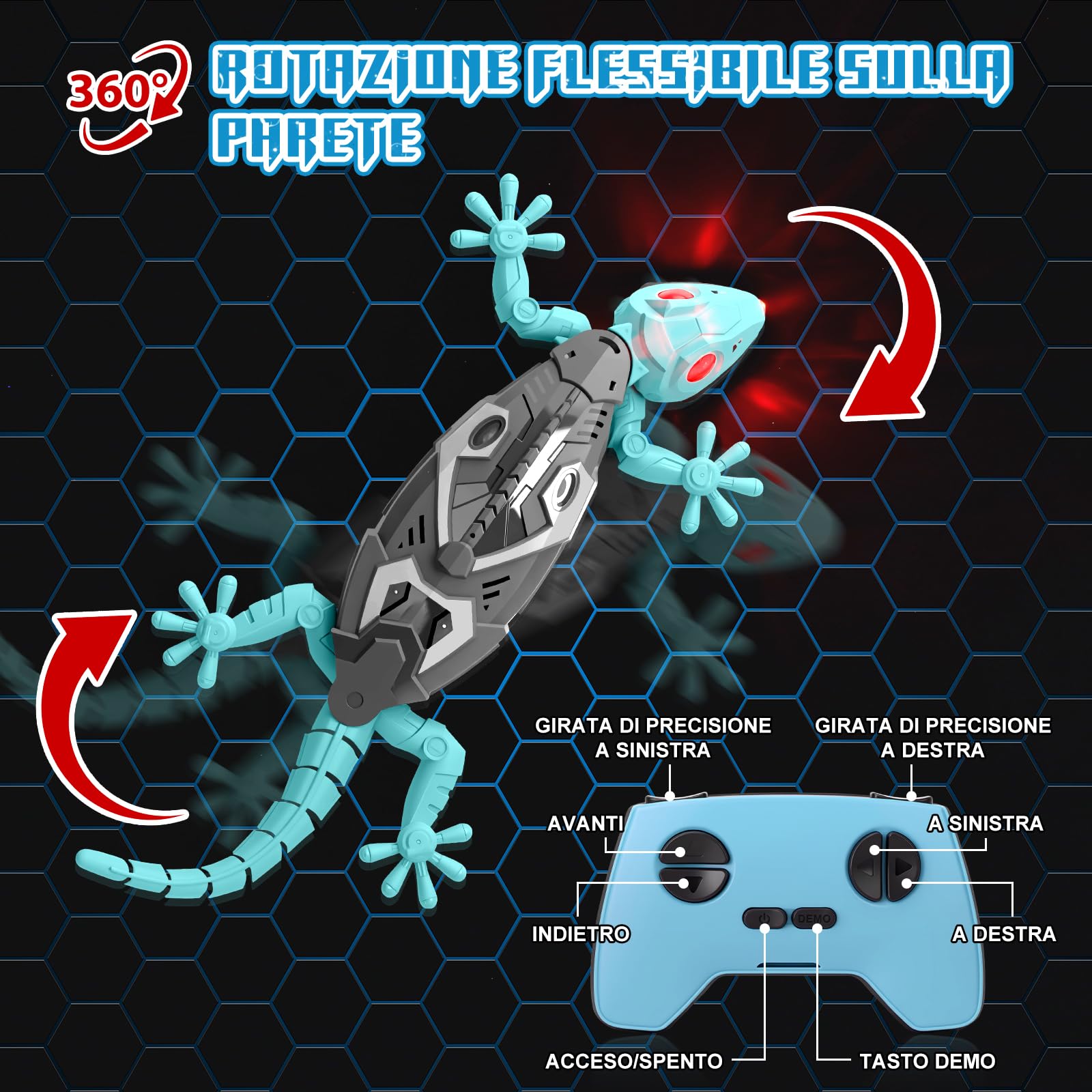 Charmofun Geco Telecomandato, Lucertola Telecomandata con Occhi a Led Luminosi, Movimenti Realistici, Direzione Regolabile, Regali Giocattoli interattiviper para Bambini 4 5 6 7 8+ Anni (Gecko-Blu)