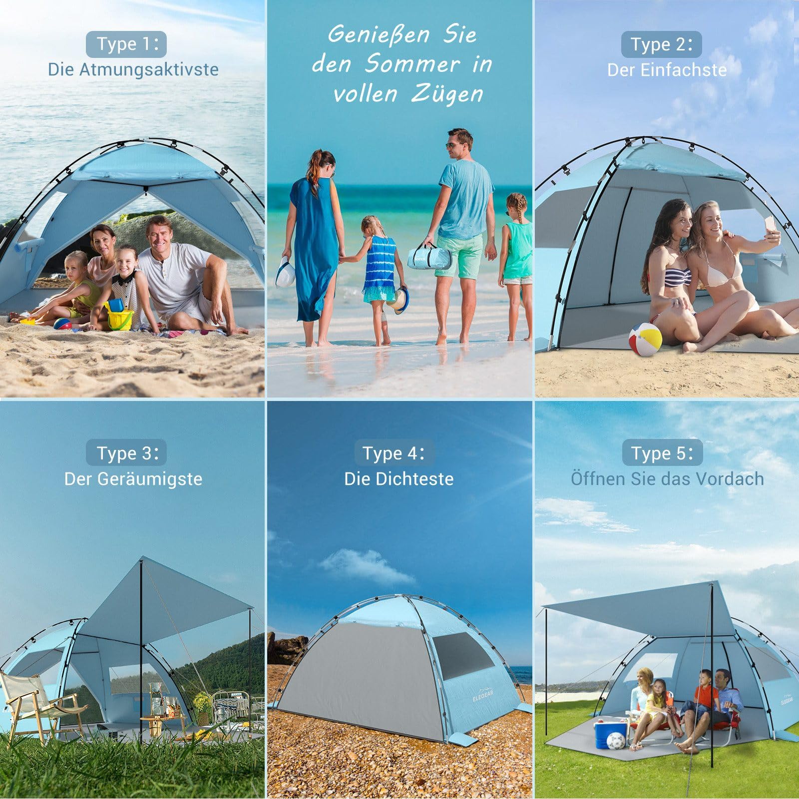 Elegear CumbreX Strandmuschel mit Sonnendach, 4-5 Personen Strandzelt UV Schutz 50+ Einfacher Aufbau, Tragbarer Leichte Strand Zelt mit Doppeltür, Windschutz Sonnenschutz für Strand, Garten, Fischen