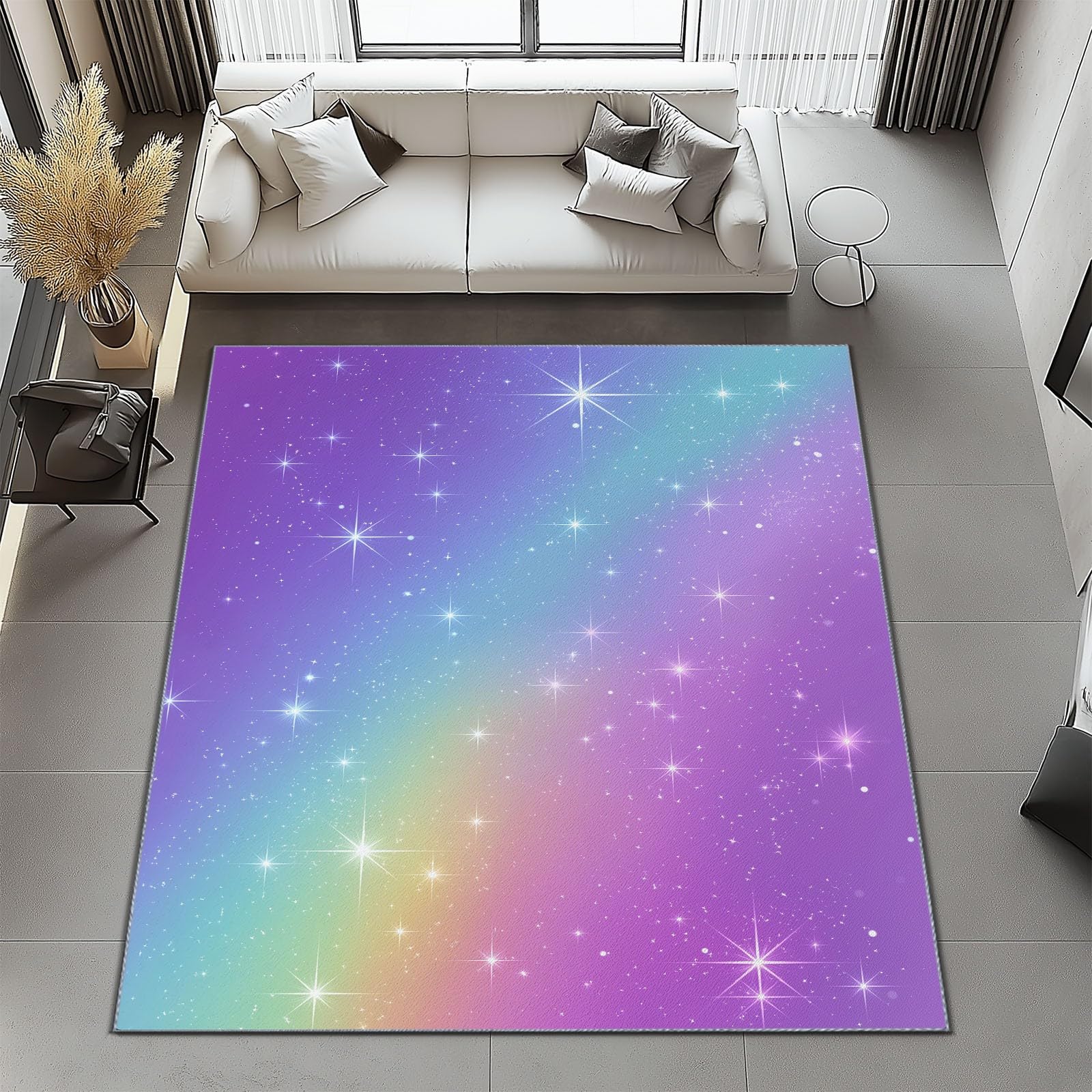 Traum Farbverlauf Regenbogen Sterne Bedruckter Teppich Wohnzimmer 160 x 230 cm, Lila Blau Muster Waschbarer Teppich Wohnzimmer Schlafzimmer, Antibakteriell Antirutschunterlage Küchenteppich
