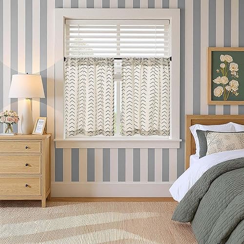 Miniatura 4 de jinchan Cortinas náuticas de lino a rayas de 24 pulgadas, cortinas de estilo rústico para cocina, cafetería, sala de estar, baño, lavandería,