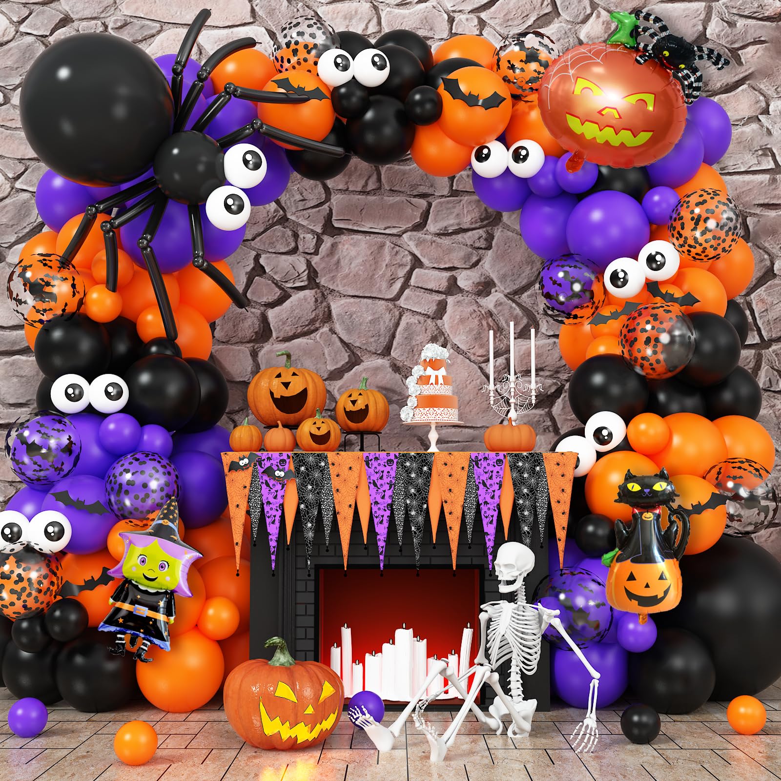 Halloween Balloons Garland Arch Kit, Halloween Party Decorations Black Orange Purple Confetti Balloon mit Pumpkin Ghost Foil Balloons 3D Bat Sticker for Indoor Outdoor Spooky Theme Party Supplies