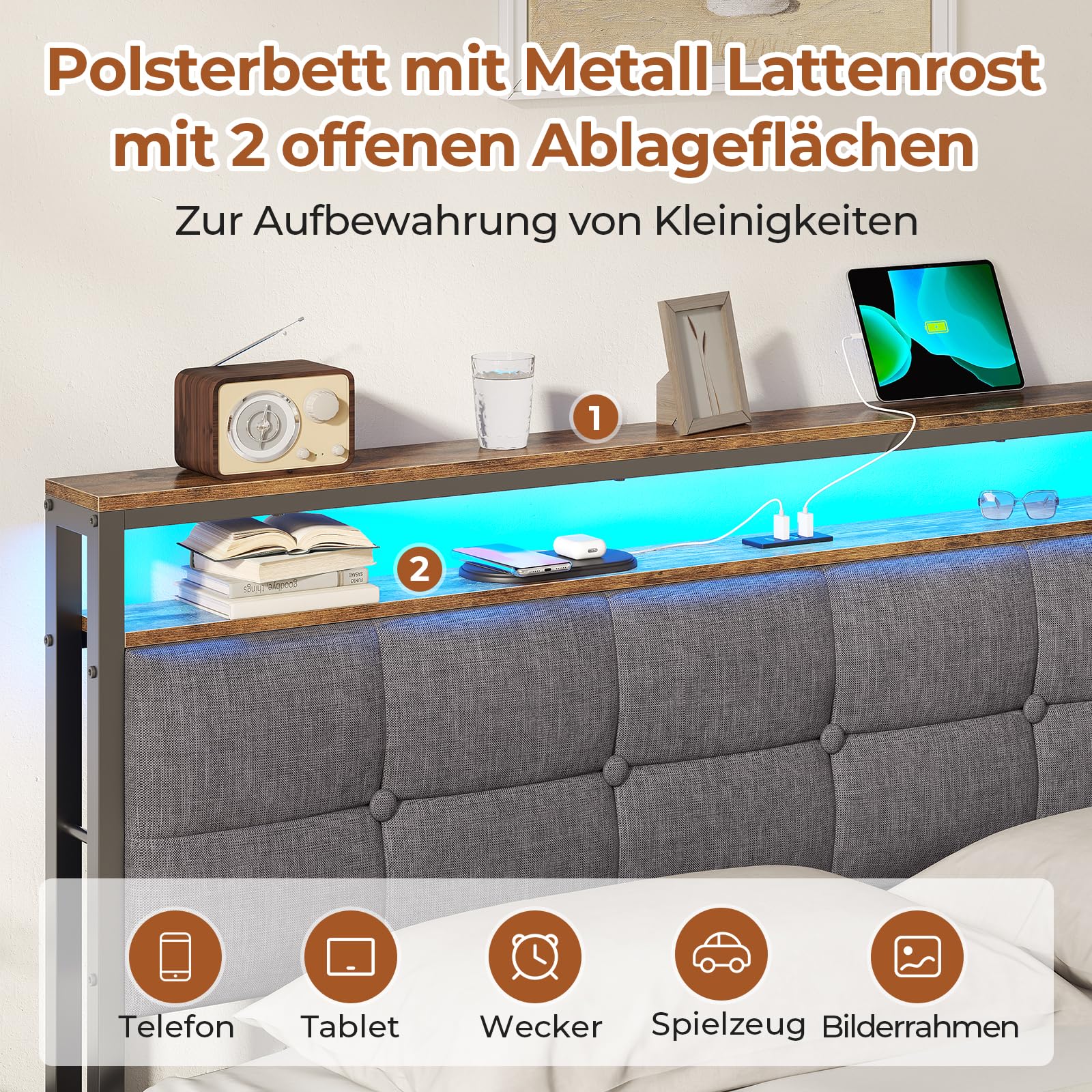 AOGLLATI Letto imbottito 140 x 200 cm con rete a doghe in metallo, struttura del letto con illuminazione a LED e prese Letto doppio con testiera in legno
