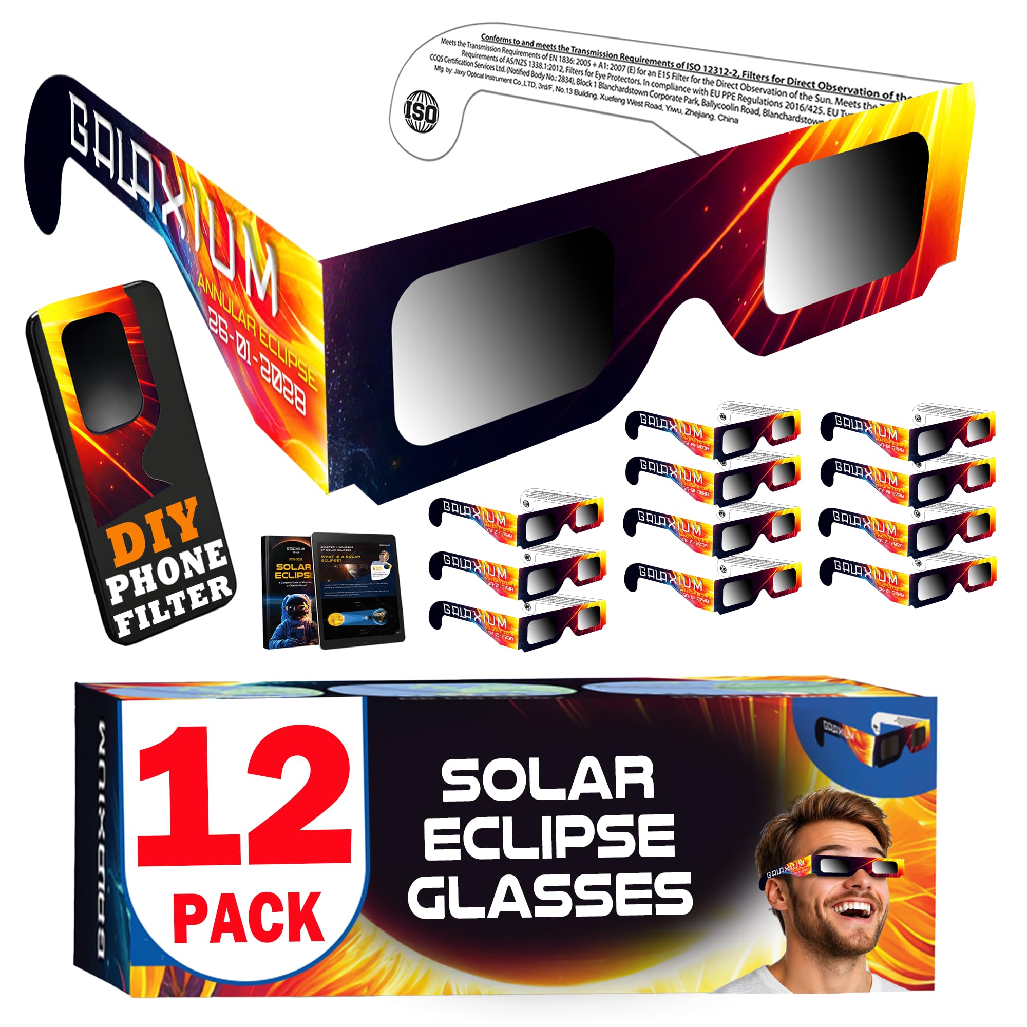 Galaxium [12 Pack Solar Eclipse Glasses AAS Approved 2026 - Trusted for Direct Solar Eclipse Viewing - ISO 12312-2 & CE Certified