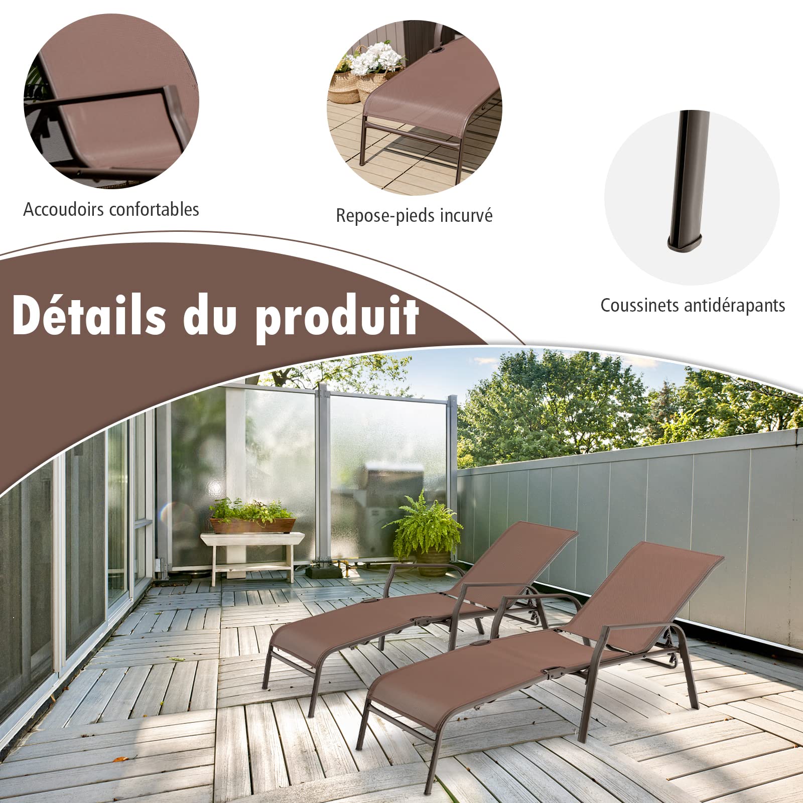COSTWAY Lot de 2 Chaises Longues Jardin, Dossier à 5 Positions