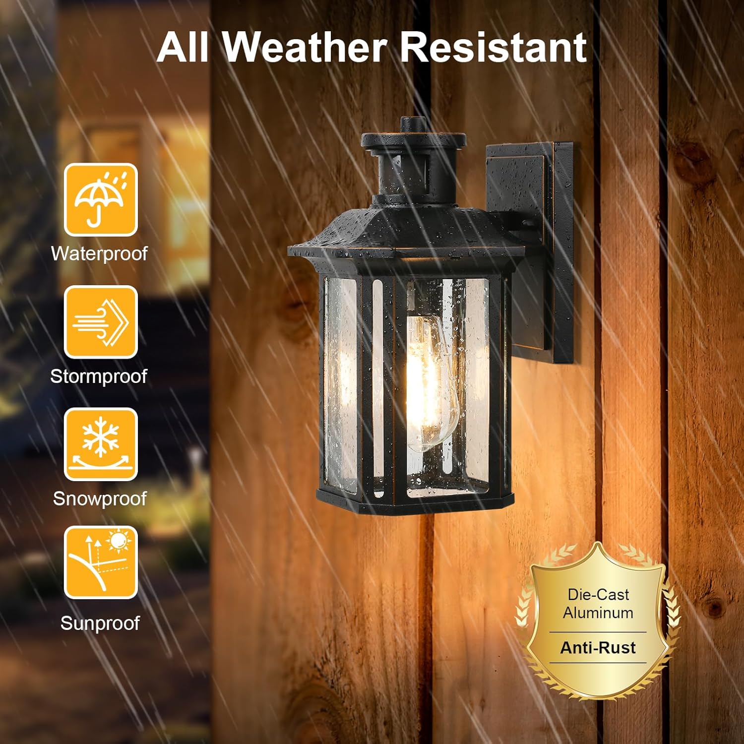 Image highlighting the all-weather resistant features of the treewell outdoor light, including waterproof, stormproof, snowproof, and sunproof icons.