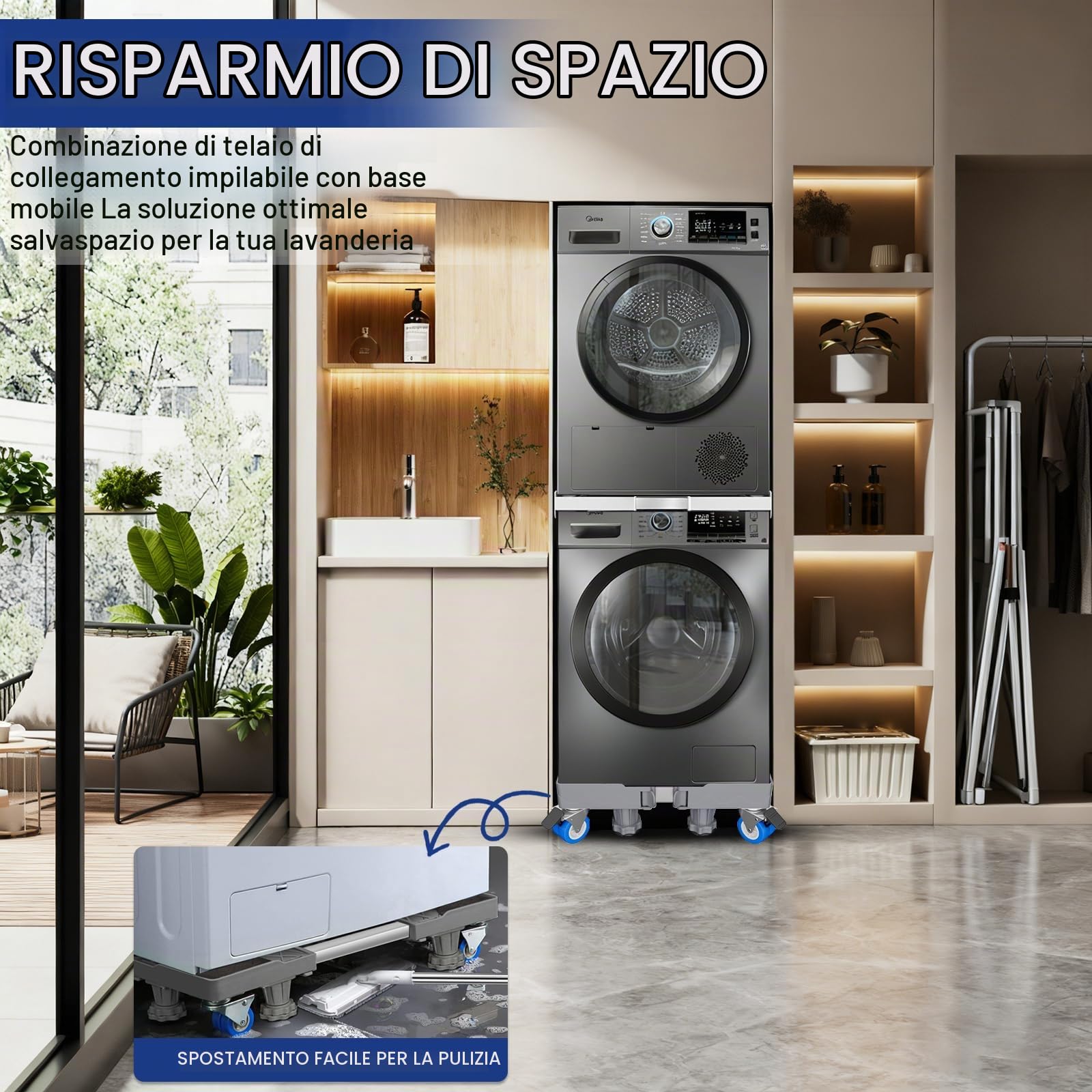 Kit Sovrapposizione Lavatrice Asciugatrice 2 in 1, Telaio Universale Regolabile 46-72 cm + Base Ruote 43-60 cm, Anti-Vibrazione Antiscivolo, 8 Piedi 4 Ruote Doppio Freno, Cinghia Cricchetto 6 m