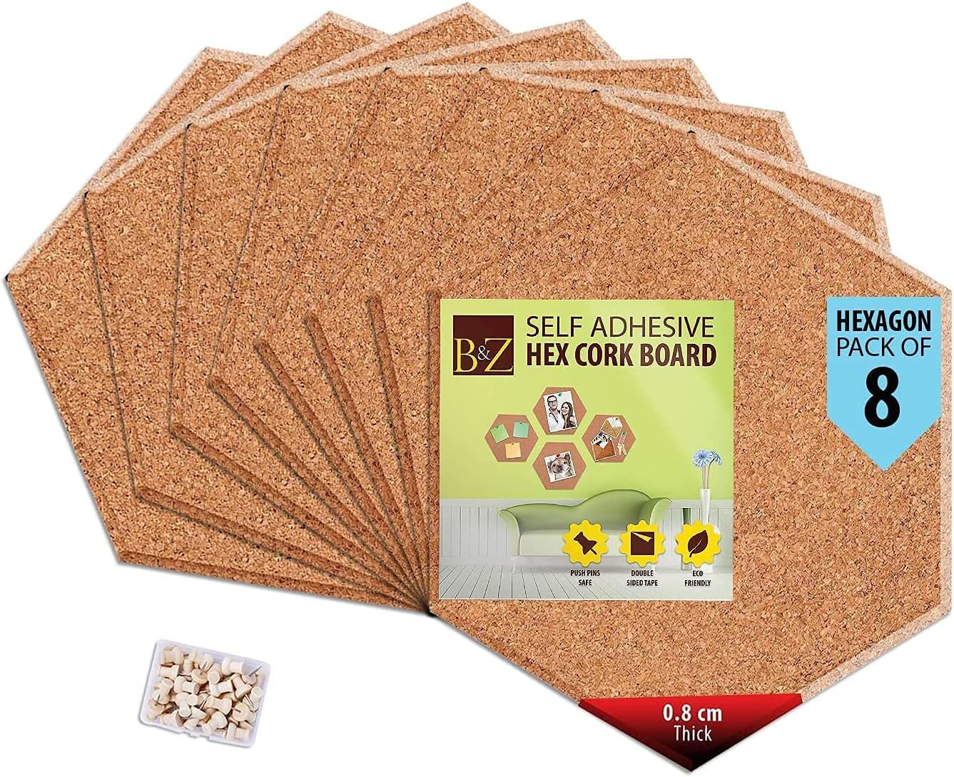 B&Z Lot De 8 Tableaux Adhésifs En Liège Hexagonaux Avec Mini Panneaux Muraux Pour Messages, Avis De Bureau, Mémo, école, Punaises En Bois, Courbes Arrondies (30 Cm X 26 Cm X 0,6