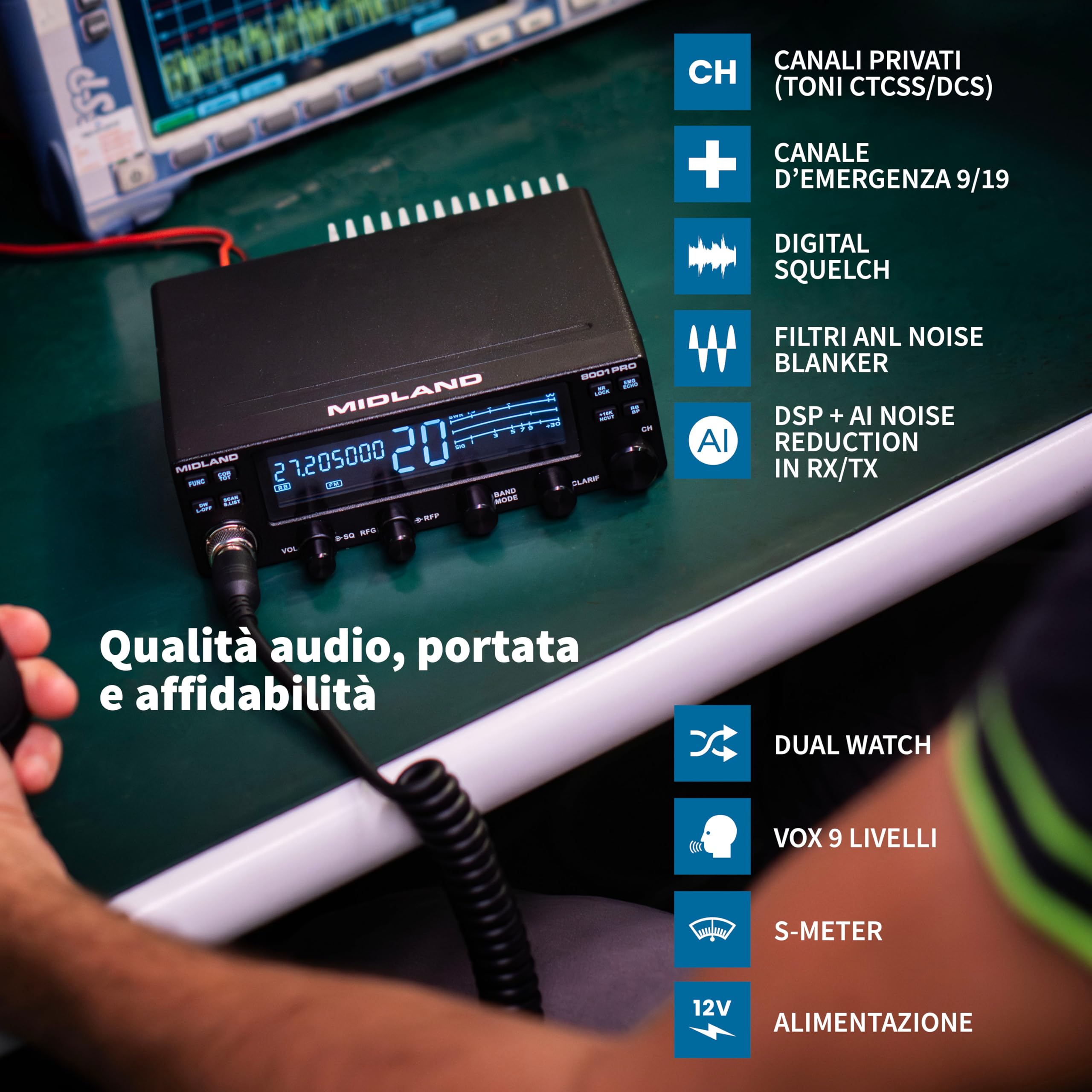 Midland - Kit Vivavoce Bluetooth Dual Mike per Radio CB 4 Pin, Microfono Preamplificato con DSP, PTT Wireless, BLE - Hands Free, Compatibile con Midland 8001 XT e STABO XM 4082/3044/3003, App CB Talk