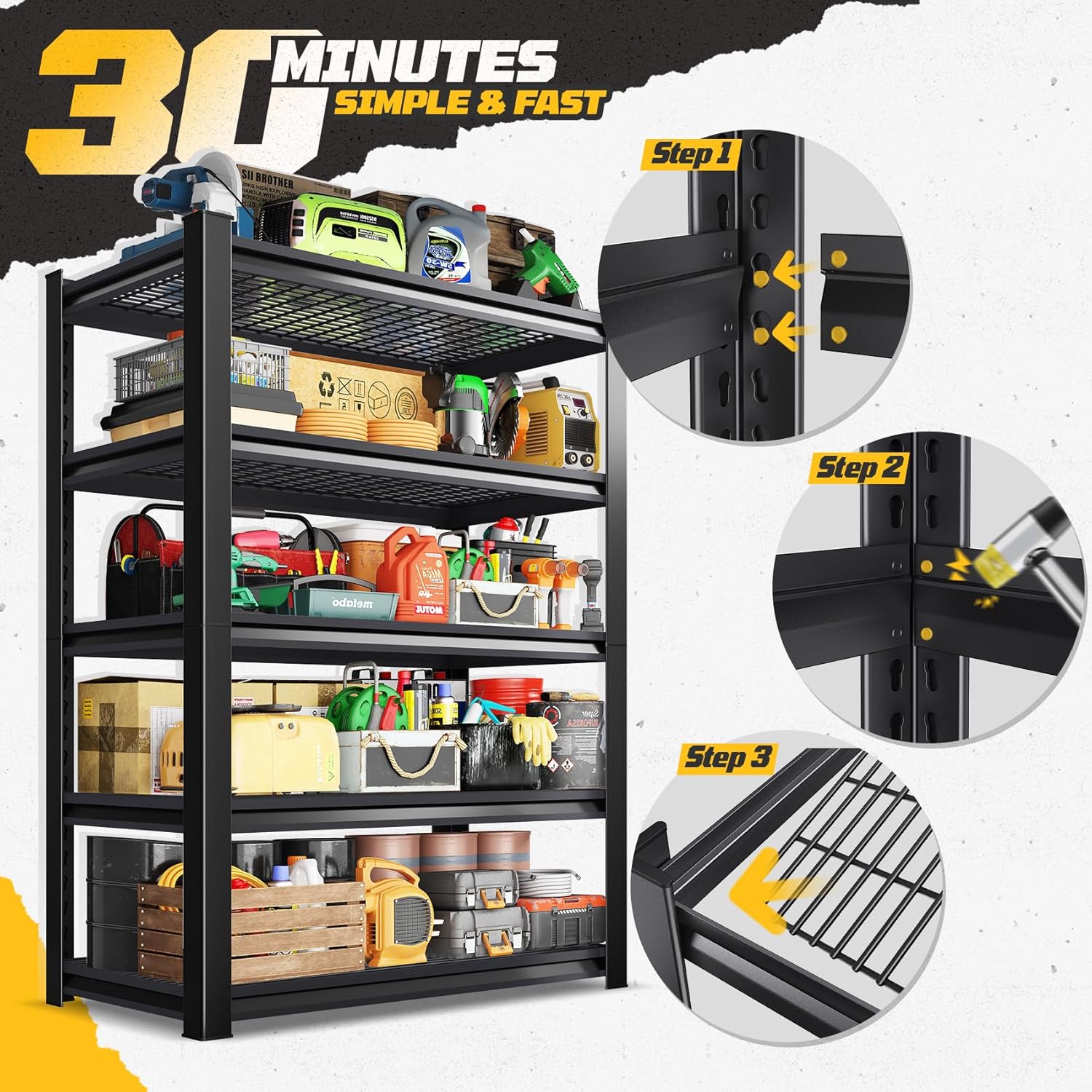 Garage Shelving, 1500 LBS Garage Storage Shelves, 5-Tier Heavy Duty Shelves, Utility Adjustable Metal Shelving Unit, 72" H x 59" W x 19.6" D Storage Shelf for Warehouse, Basement, Closet