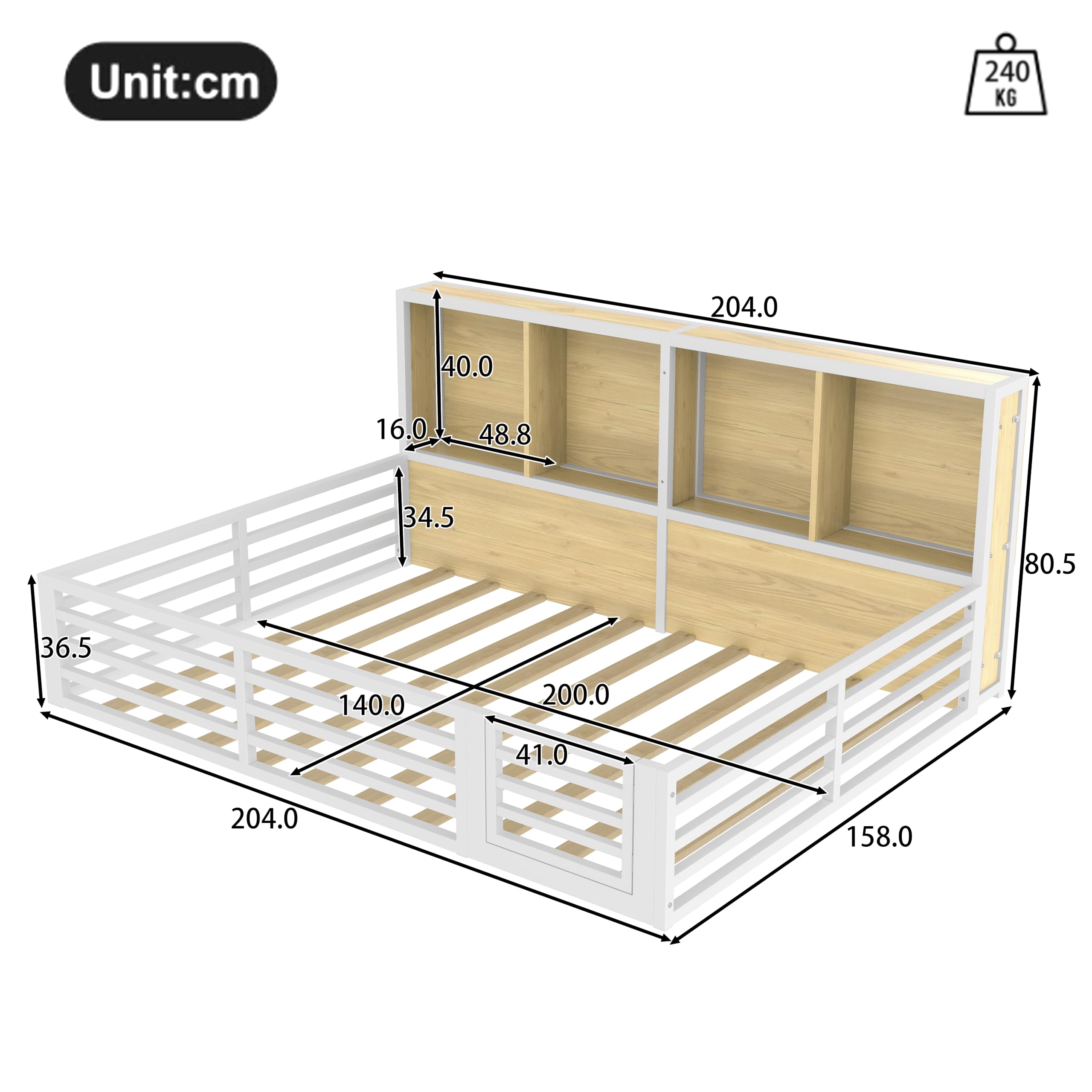 Kinderbett Bodenbett 140x200 mit Rausfallschutz & Lattenrost, Montessori Bett Hausbett mit 4 Staufächer & LED-Beleuchtung & Tür, Gitterbett Metallbett Bettgestell Spielbett (Weiß, 140x200CM)