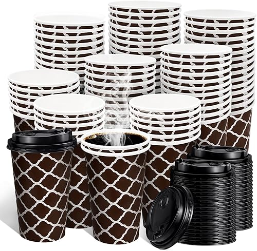 Ayieyill 74 juegos de tazas de café desechables de 16 onzas con tapas, tazas de papel de café para bebidas calientes, tazas de papel con tapas, taza