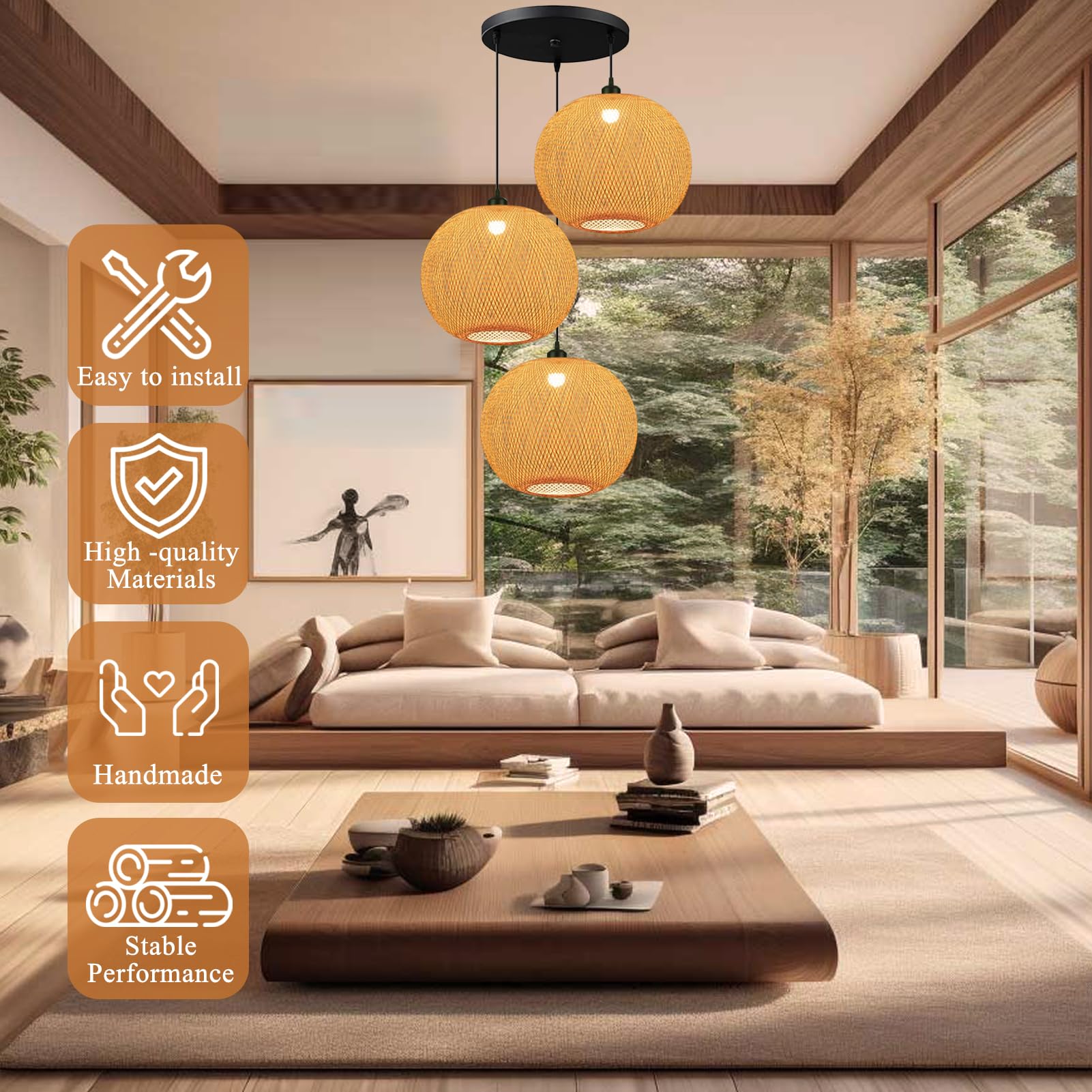 Snapklik.com : Bamboo Light Fixtures, 3 Headlights E26 E27 Retro Rustic ...