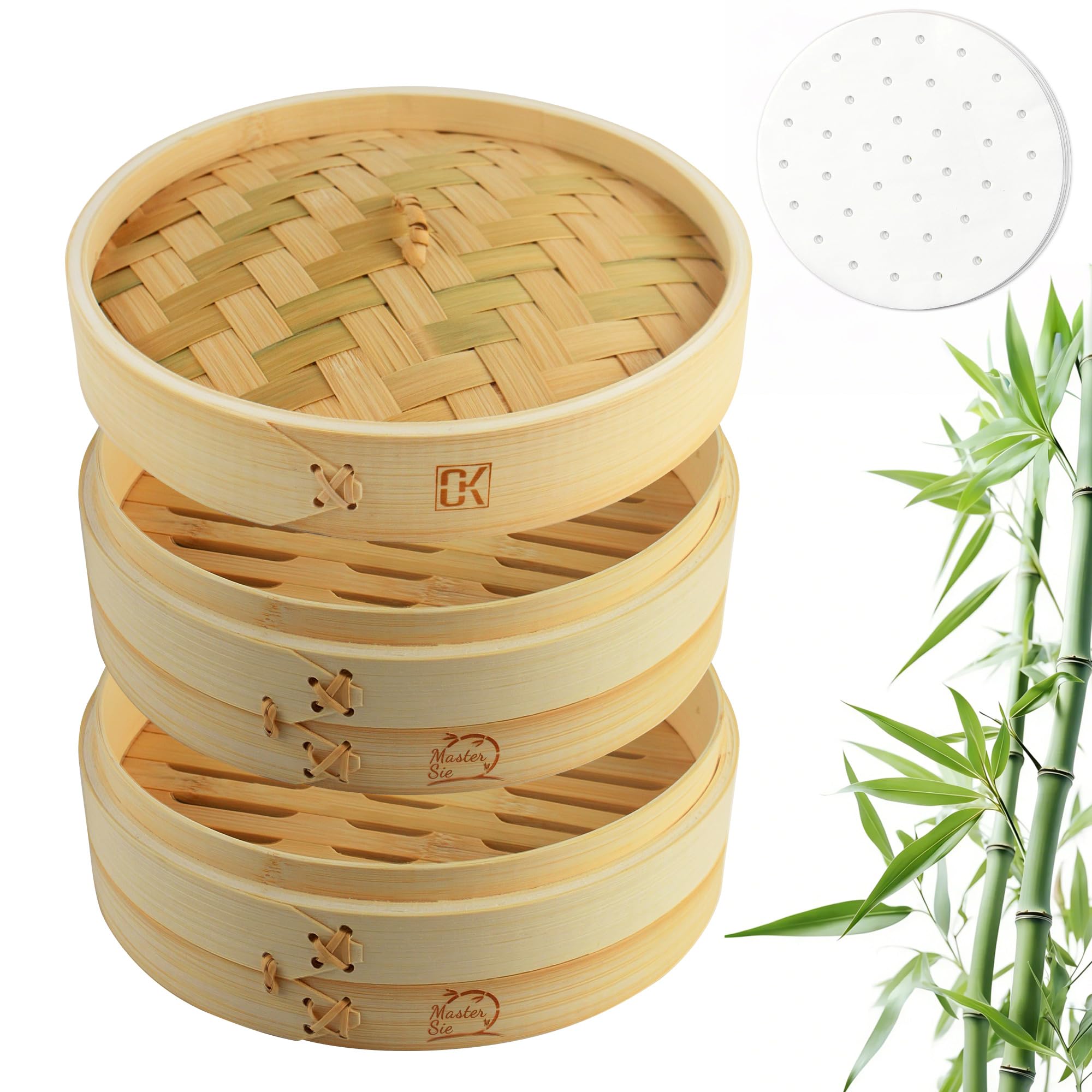 Bamboo Steamer 2-Tier 8.3" with 50 Parchment Sheets