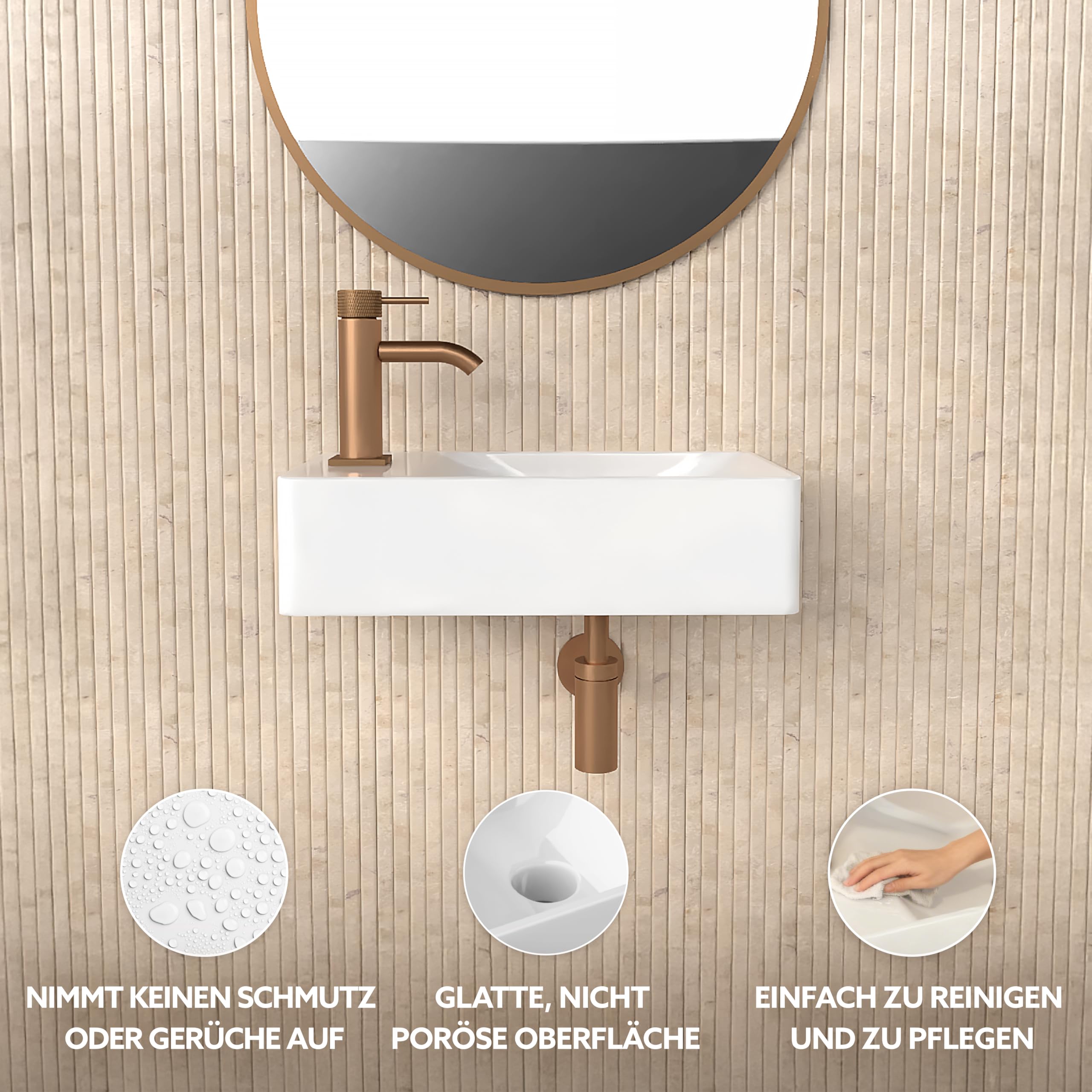 HOGART lavabo pequeño baño 38x22 cm, lavabo cerámica rectangular, lavabo suspendido pared o sobre encimera, con orificio para grifo, sin rebosadero, aseo invitados moderno (38x22 cm (R))