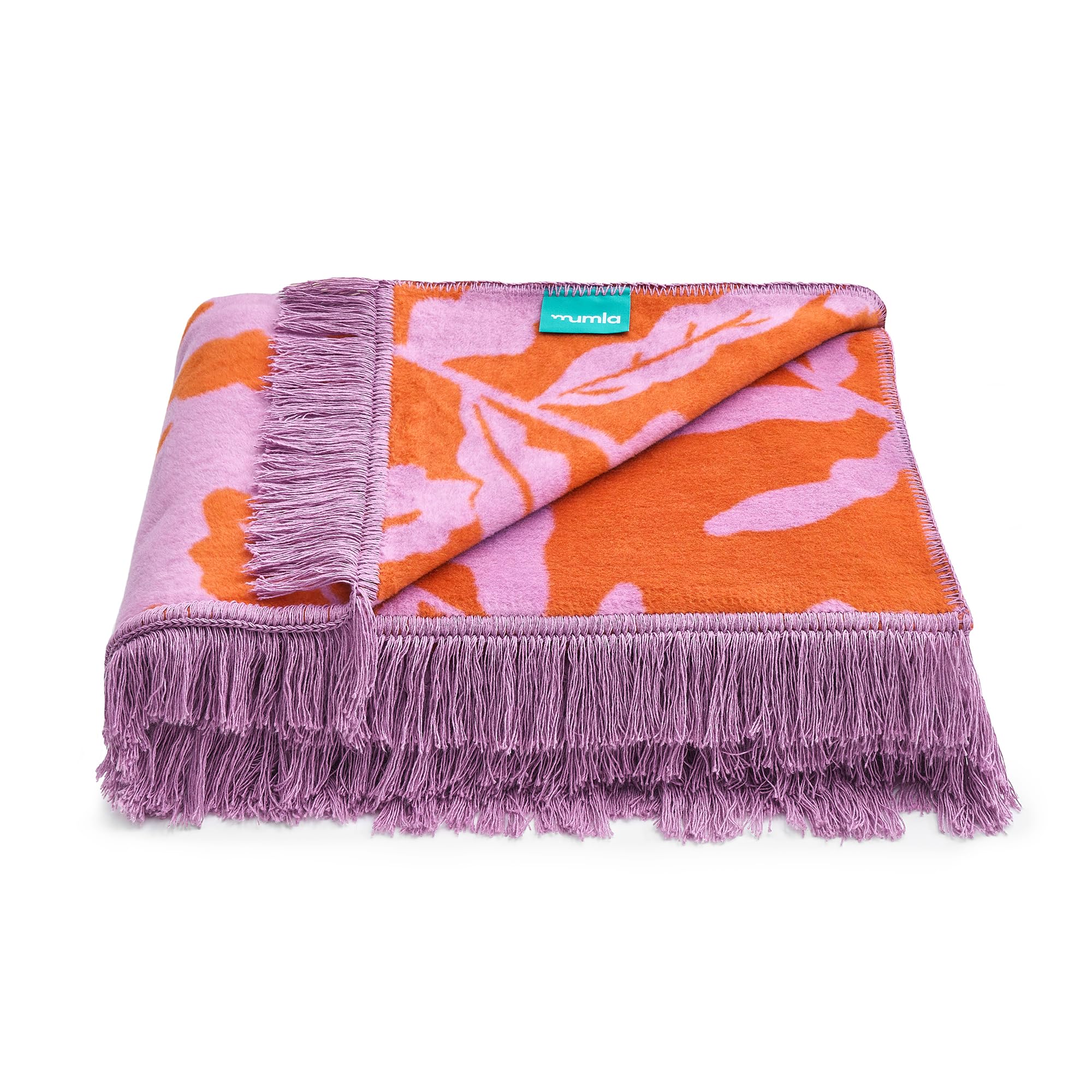 MUMLA - Kuscheldecke 150x200 cm, warm, beidseitig verwendbar, hochwertiger Stoff, orange-lila mit Blumen, Schlafzimmer- und Wohnzimmerdekoration