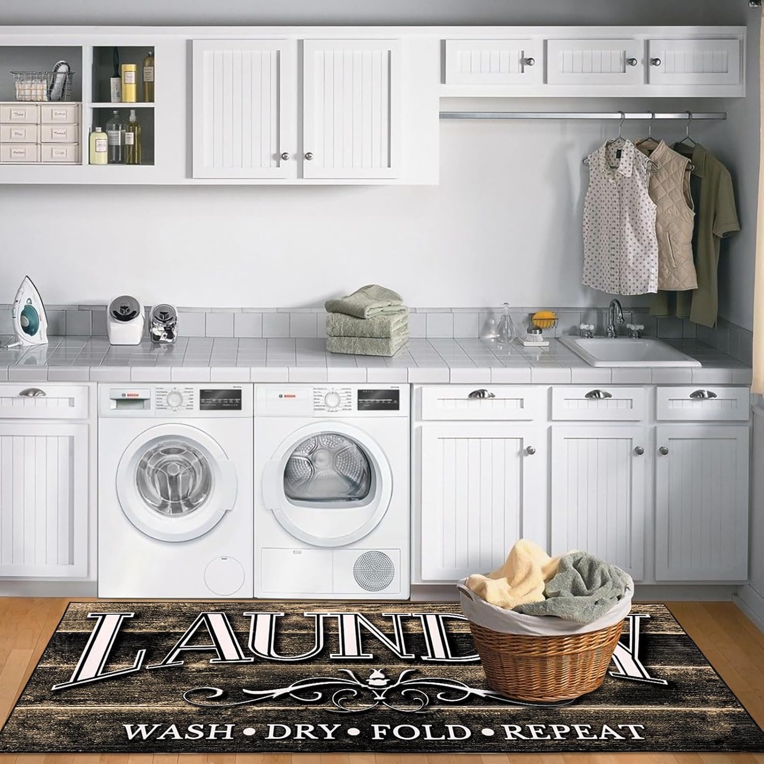 Laundry Room Rug Runner - 6Ft Long Kitchen Mat for Floor, Thin Wood Printed, for Farmhouse Washhouse Sink Entrance Indoor Decor, Nonslip Washable Vintage, 2X6Ft, Coffee
