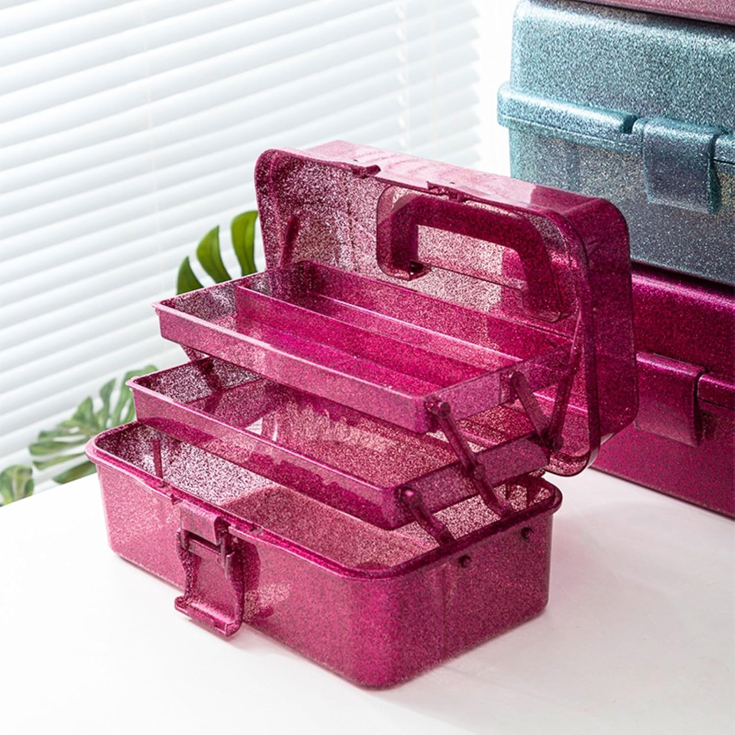 Saim Small Parts Organizer, 3-Layer Storage Box with Fixed Compartments, Ready-to-Use Portable Makeup & Hair Accessories Case, Craft Organizer for Girls Teens College Dorm - Hot Pink