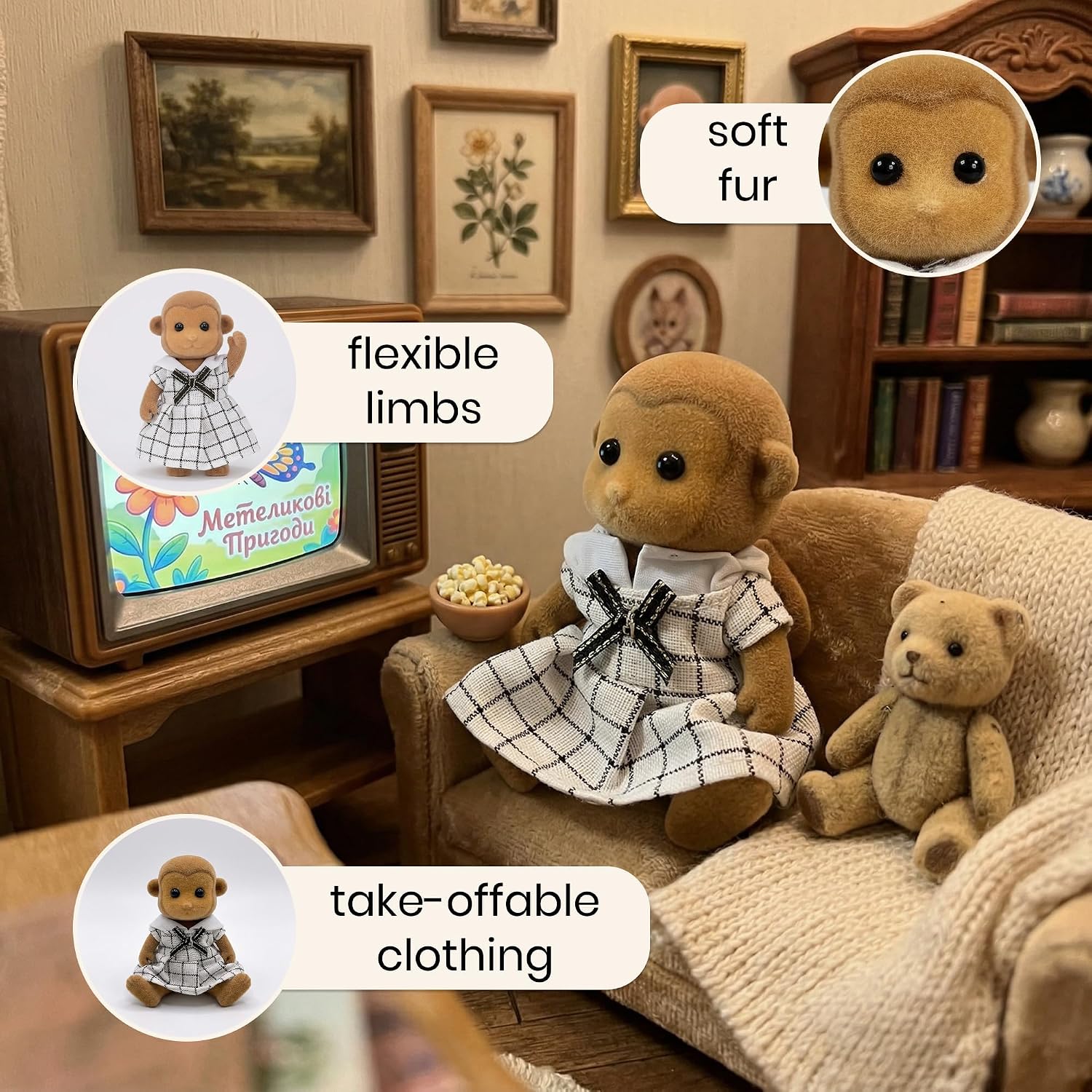 Family Brown Monkey Figures — Set of 2 Collectible Flocked Mini Dolls with Removable Clothes, Dollhouse Pretend Play Set for Kids Ages 3+ image 5