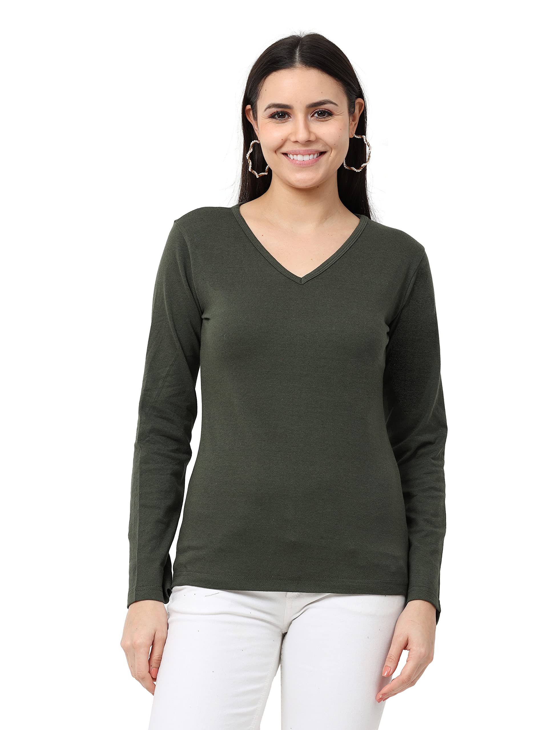 wafaa Women's Cotton Plain V Neck Full Sleeve T-Shirt-picture-18