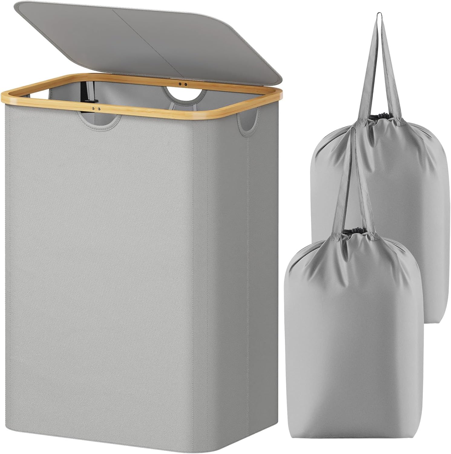 Lifewit 150L Laundry Basket with Lid, Clothes Hampers for Laundry with Bamboo Handles and 2 Removable Laundry Bags, Large Foldable Laundry Hamper for Bedroom, Bathroom, Dorm, Laundry Room, Sliver Gray Silver Grey 150L