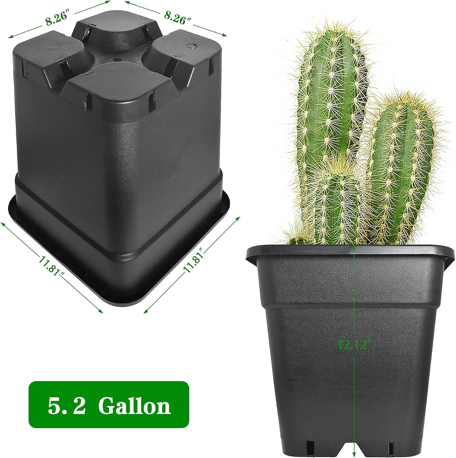 10 Pack Square Planter Nursery Pots 5.2 Gallon Pots for Plants, Plastic Flower Pots, Black Grower Pots with Drainage Hole for Indoor and Outdoor
