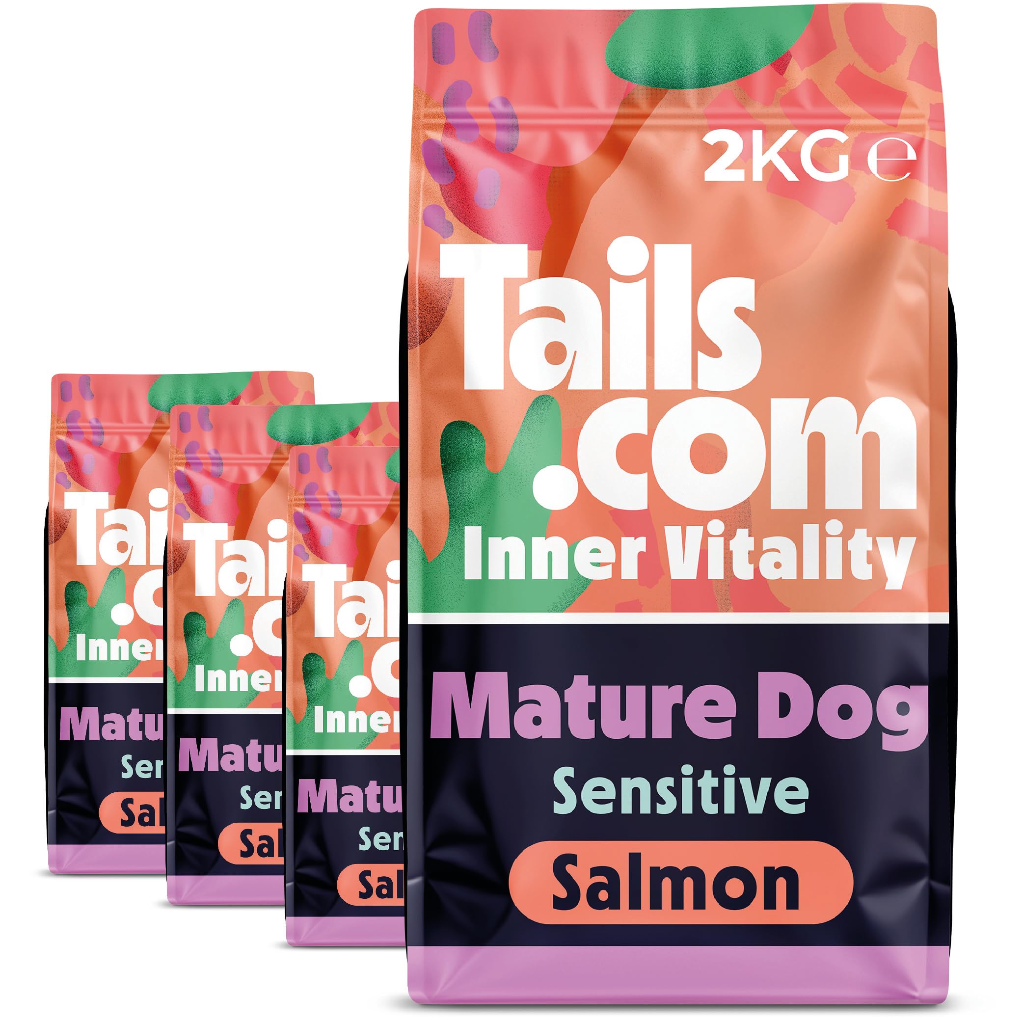 Tails.com โข Dry Dog Food 4 x 2kg โข Sensitive Salmon โข Mature 7+ years โข Grain Free Recipe โข No Added Flavours, Colours or Preservatives โข Contains Omega 3 to Support Skin and Coat
