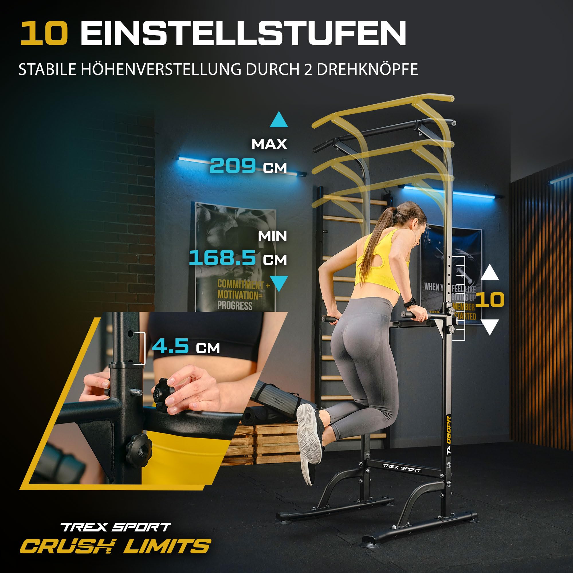 TREX SPORT Power Tower Dip Station bis 150kg 10-stufig verstellbar TX-060PR | Klimmzugstange freistehend, Multifunktionaler Kraftturm, Saugfuß-Füße, Rutschfeste Griffe, Liegestütze, Dips