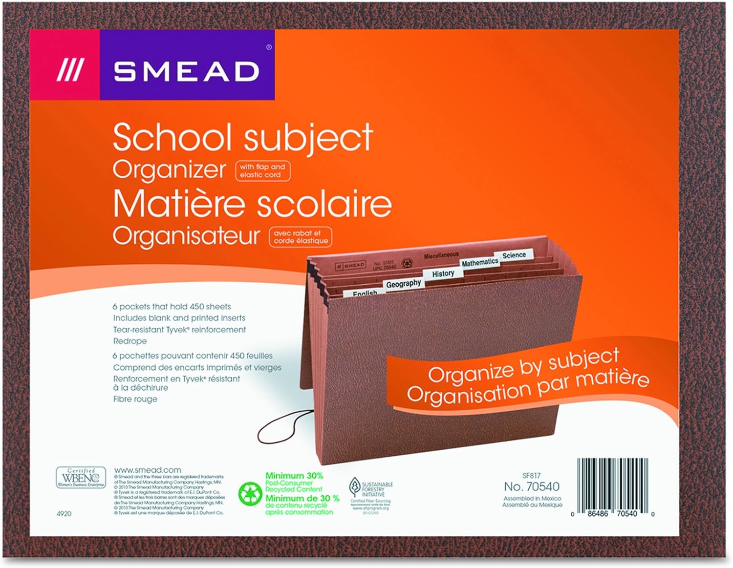 Smead School Subject File Organizer, Flap and Elastic Cord Closure, 6 Pockets, Letter Size, Redrope (70540)