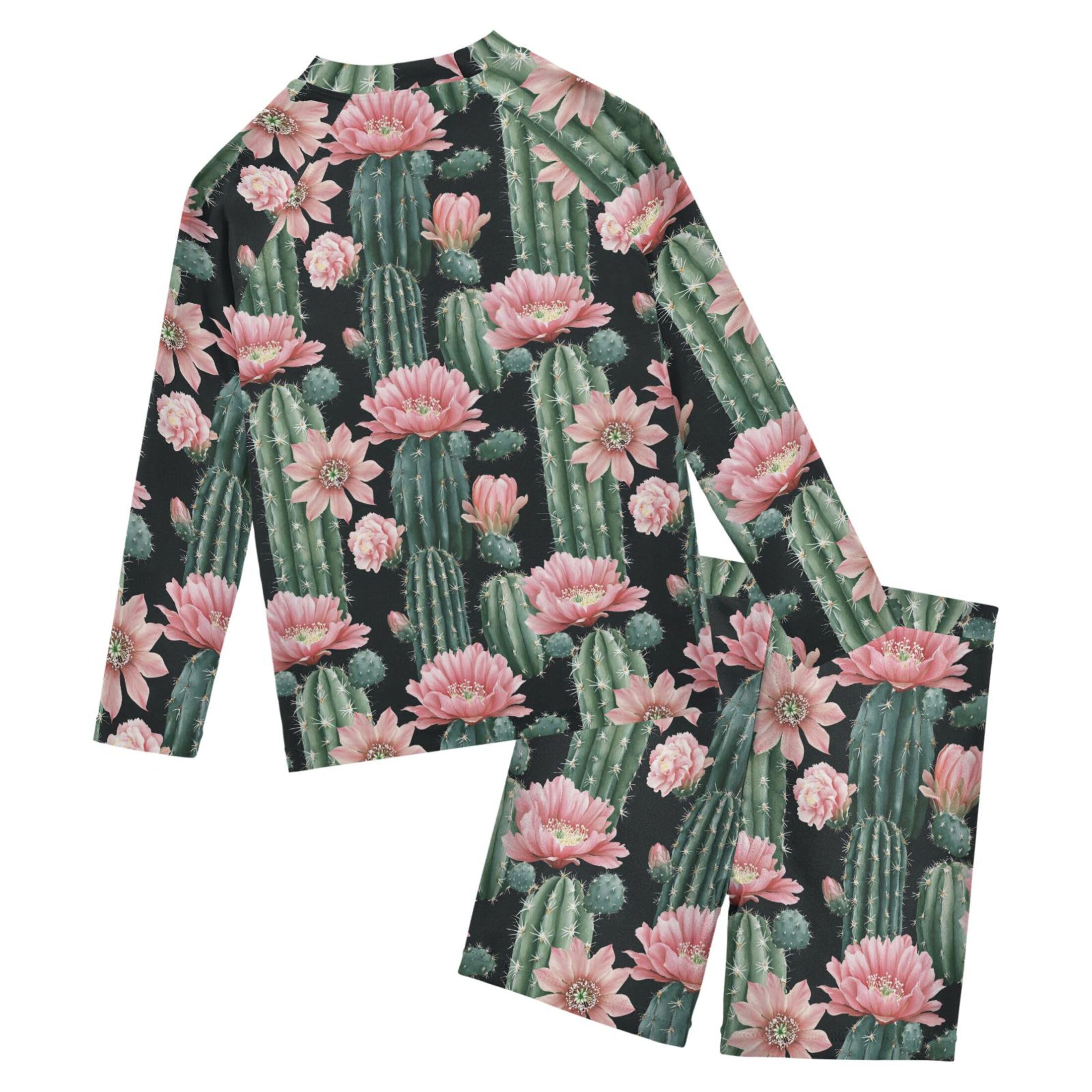 Cactus Flower Boys Rash Guard Swimsuits Set for Boys Long Sleeve Swim Shirts Bathing Suits with Trunks B0403980